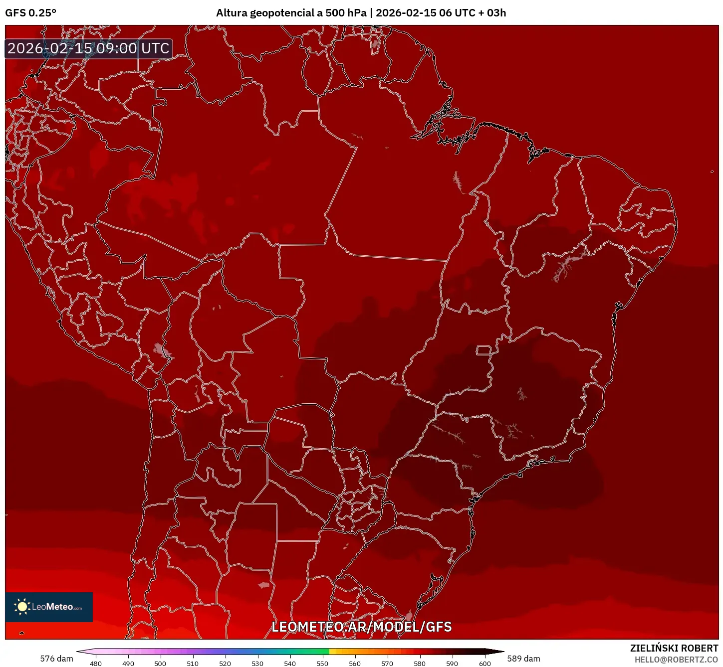 GFS model - Brasil, Altura geopotencial a 500 hPa