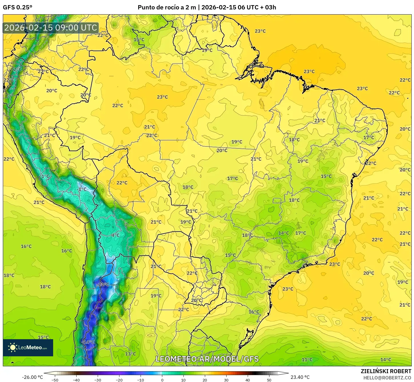 GFS model - Brasil, Punto de rocío a 2 m