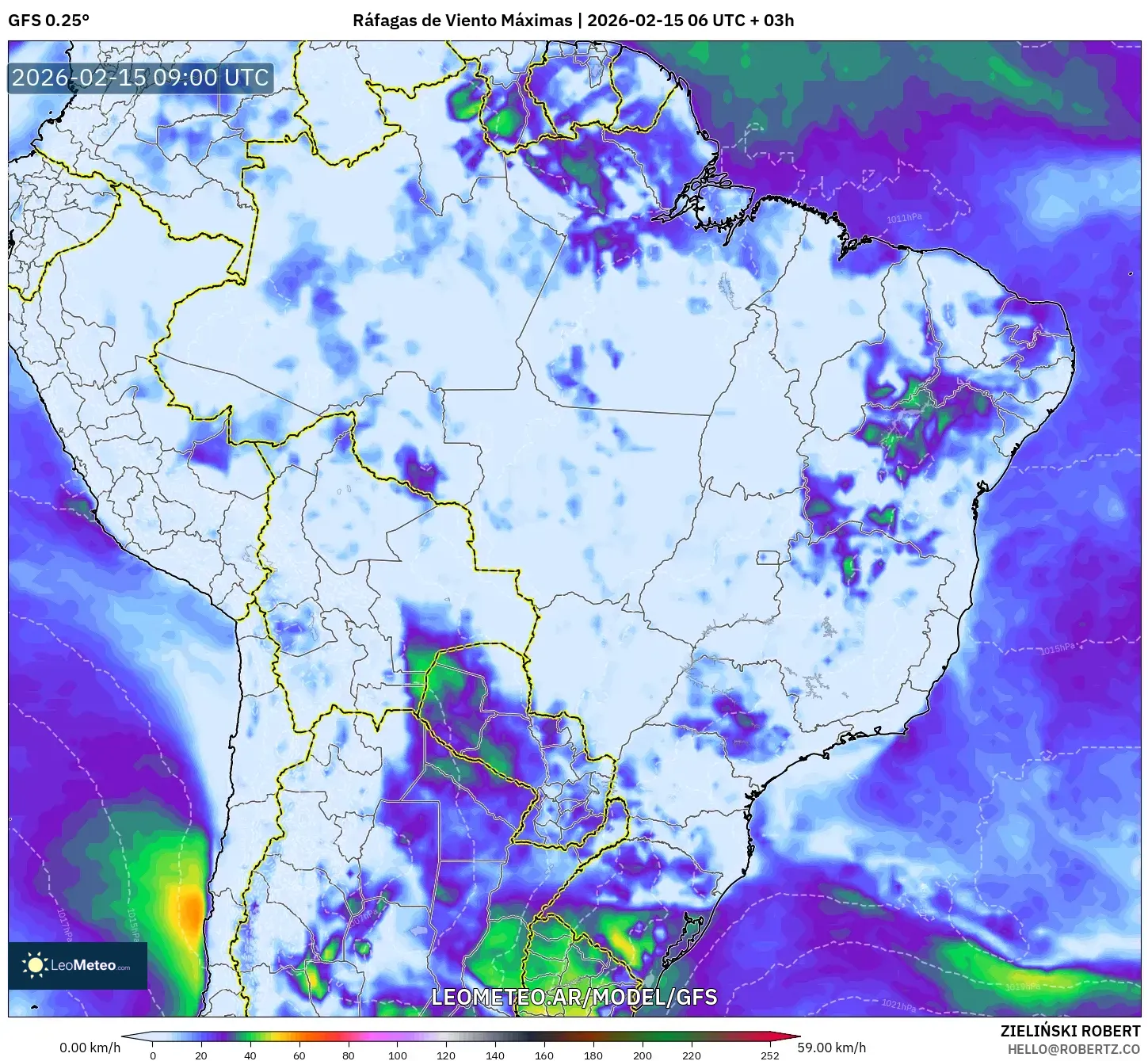 GFS model - Brasil, Ráfagas de Viento Máximas