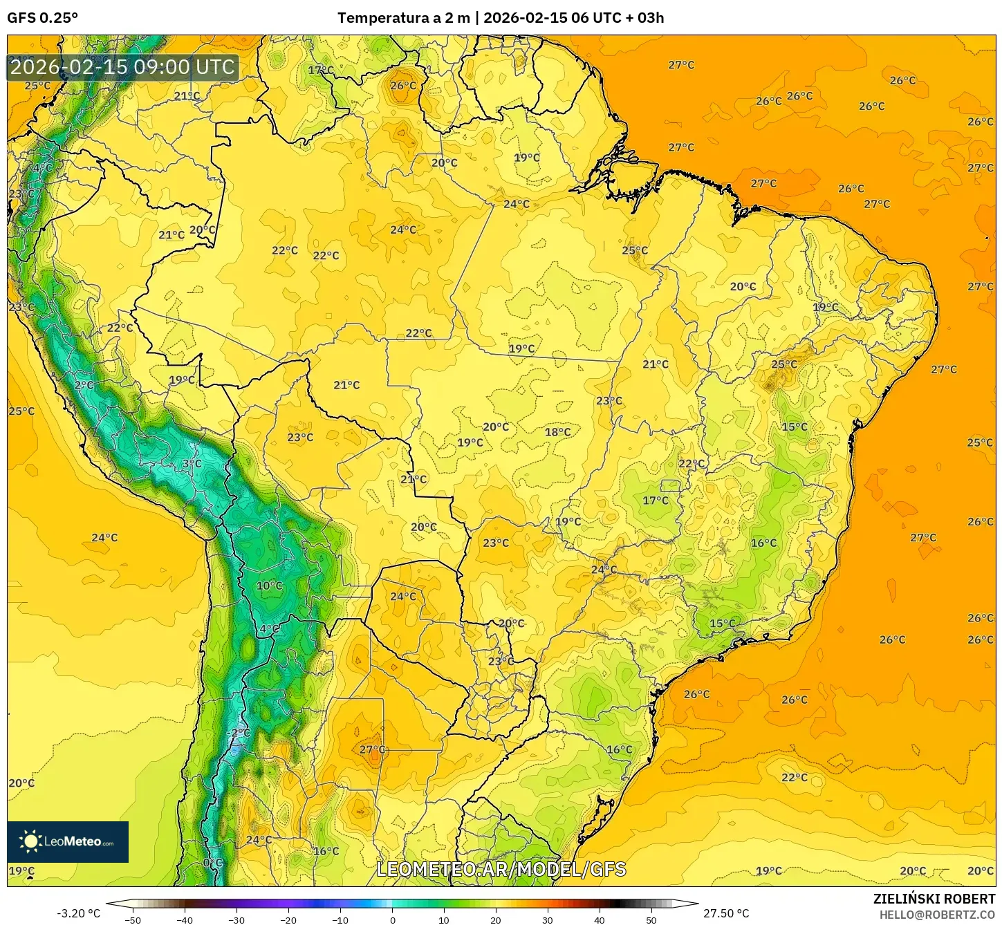 GFS model - Brasil, Temperatura a 2 m