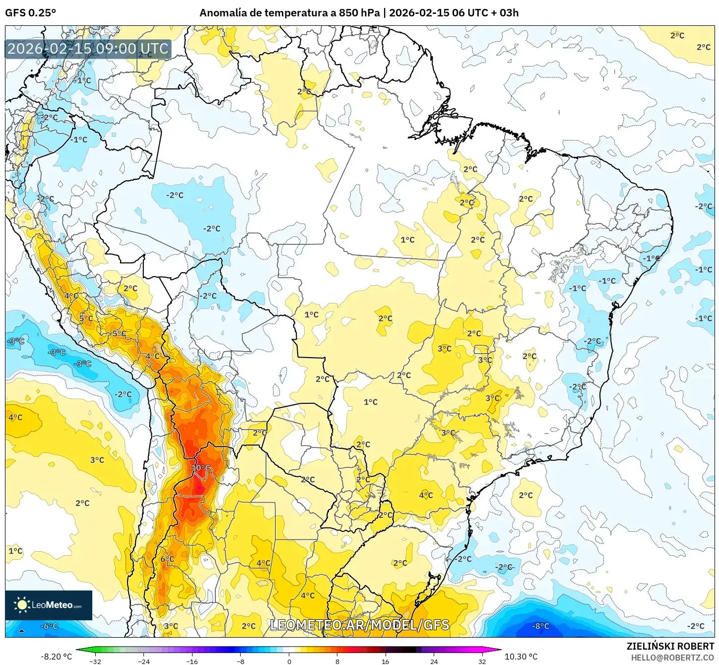 GFS model - Brasil, Anomalía de temperatura a 850 hPa