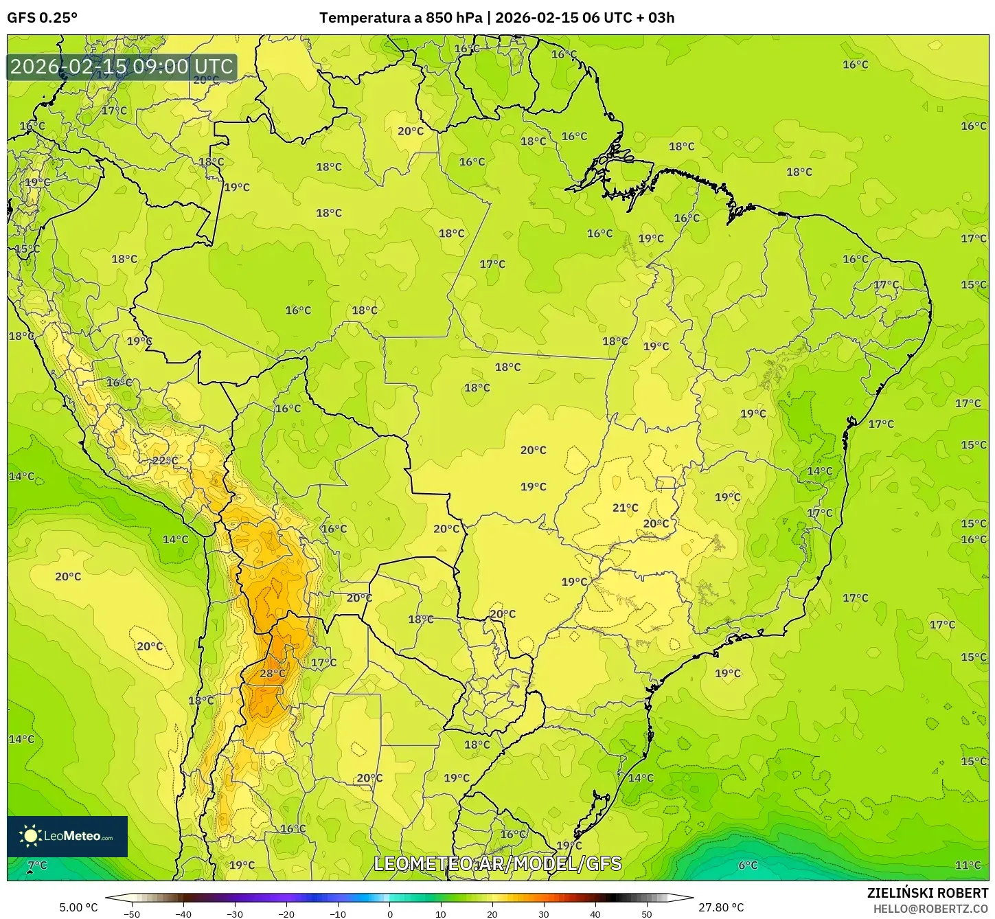 GFS model - Brasil, Temperatura a 850 hPa