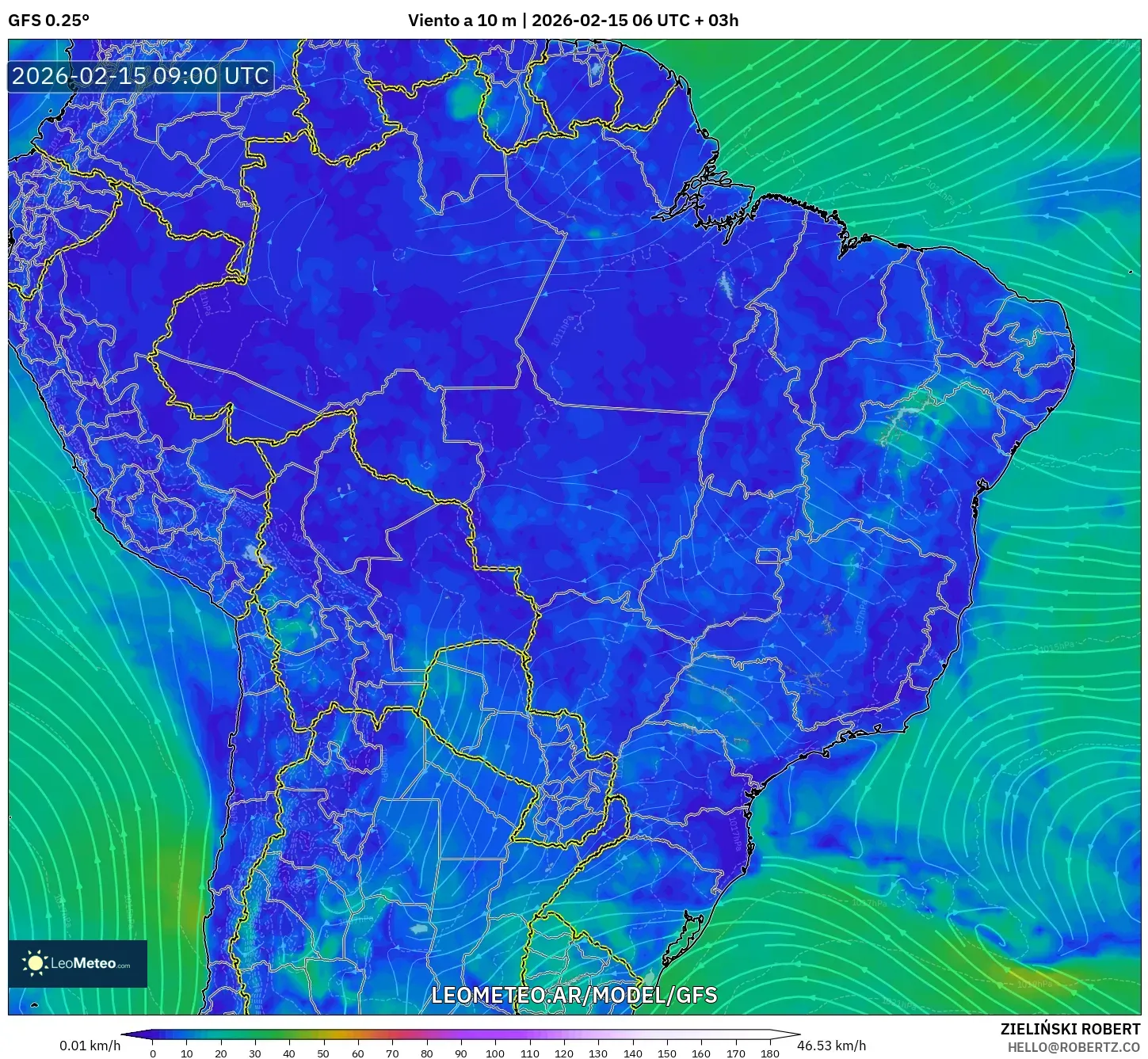 GFS model - Brasil, Viento a 10 m
