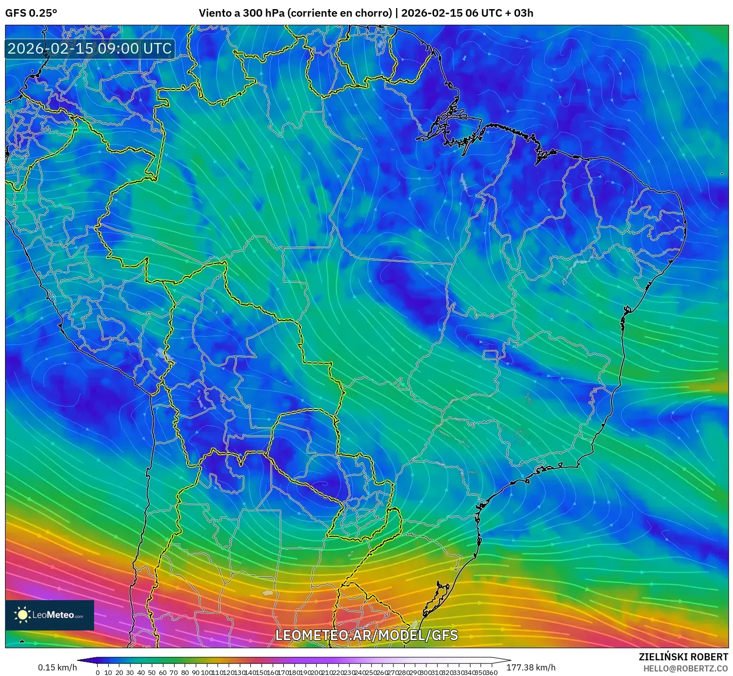 GFS model - Brasil, Viento a 300 hPa (corriente en chorro)