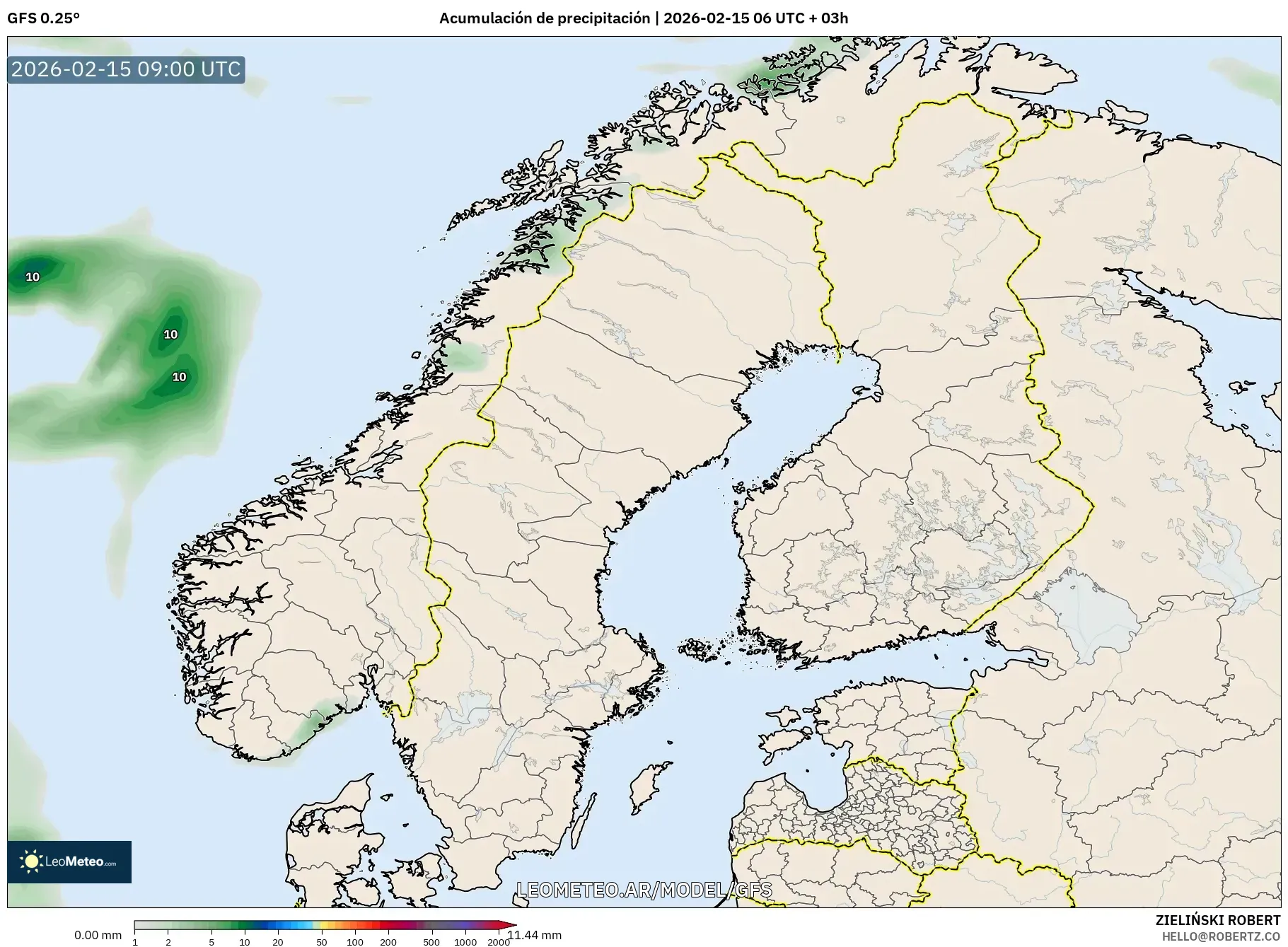 GFS model - Escandinavia, Acumulación de precipitación