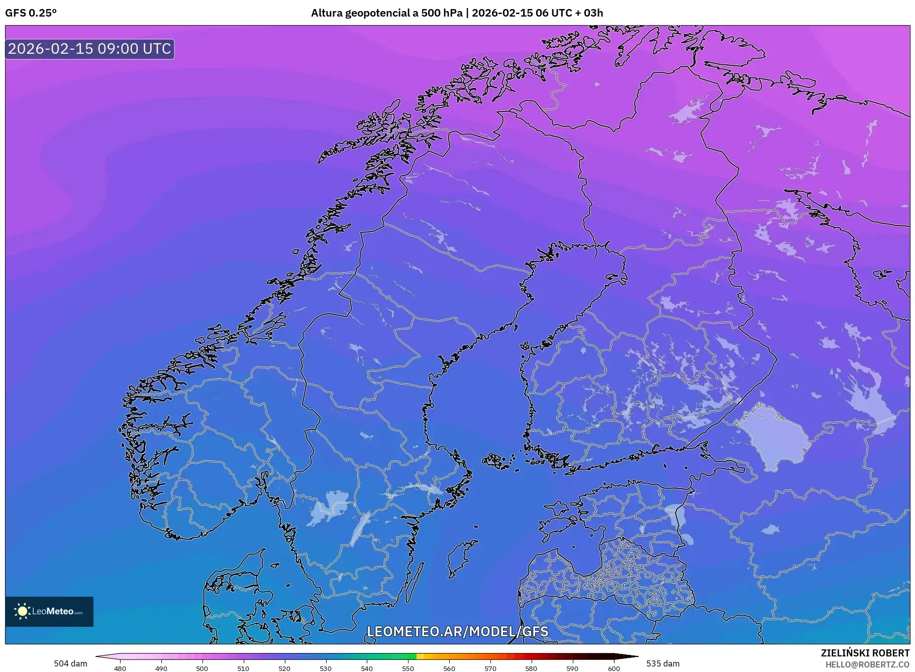 GFS model - Escandinavia, Altura geopotencial a 500 hPa