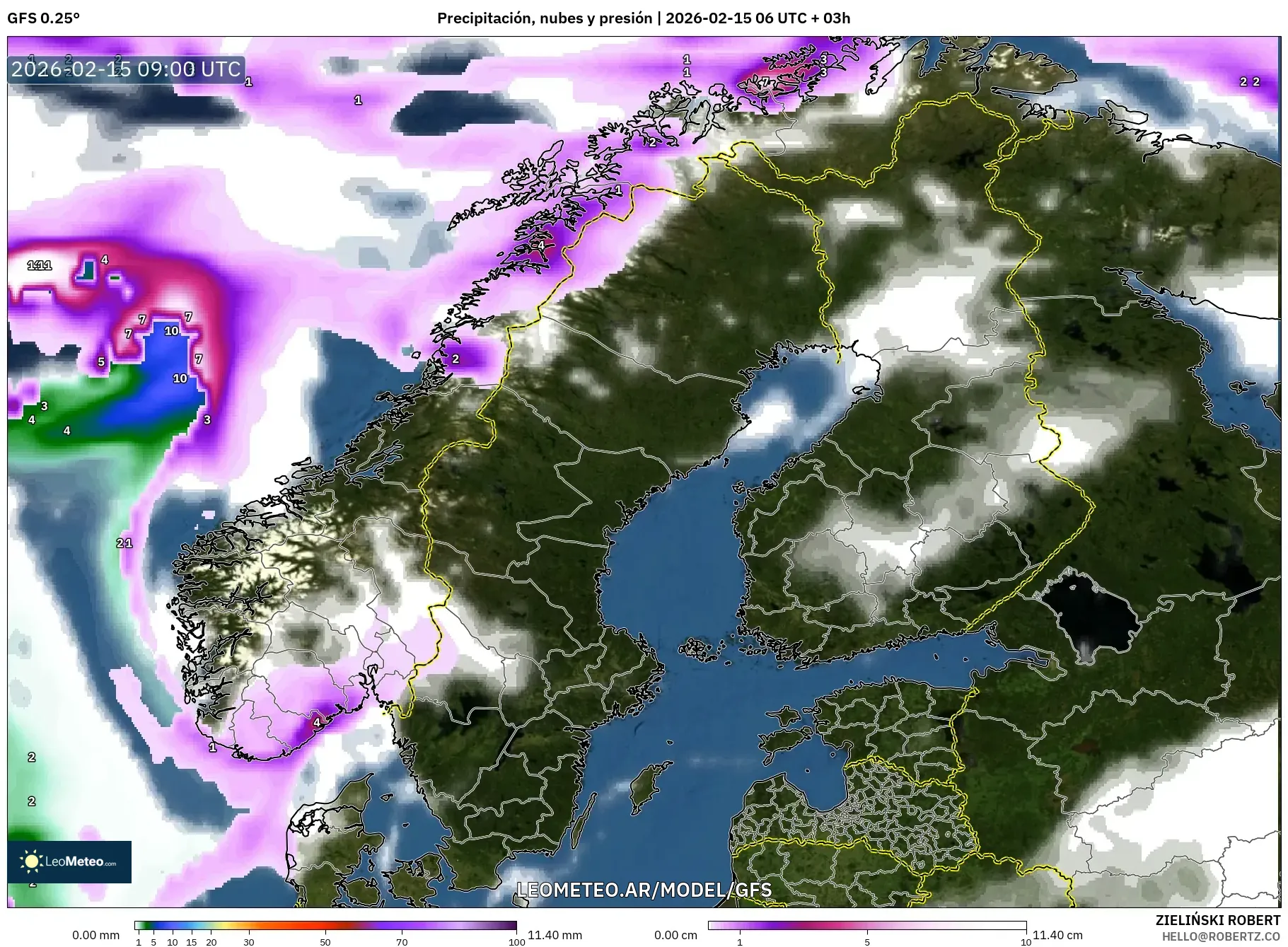GFS model - Escandinavia, Precipitación, nubes y presión