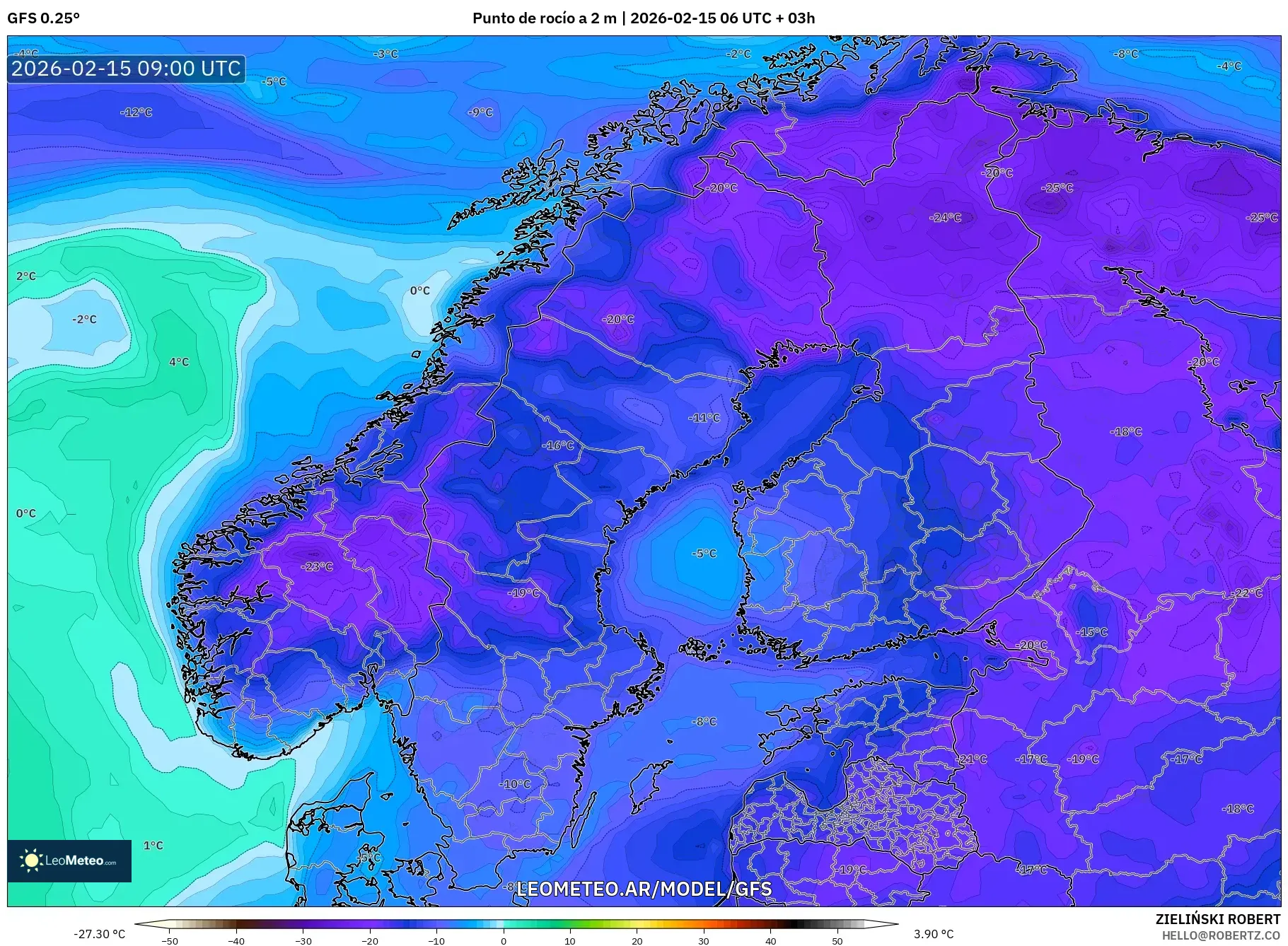GFS model - Escandinavia, Punto de rocío a 2 m