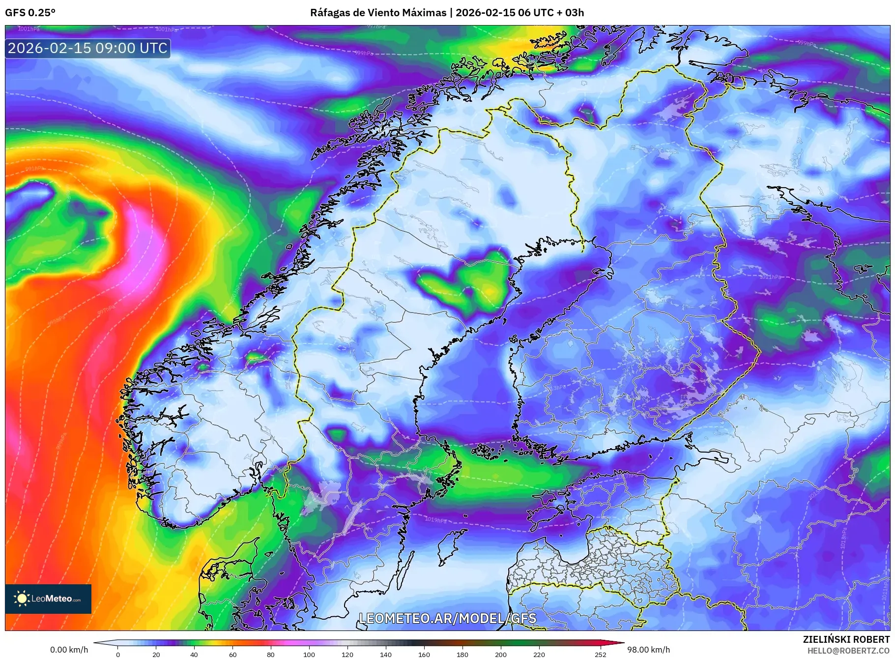 GFS model - Escandinavia, Ráfagas de Viento Máximas