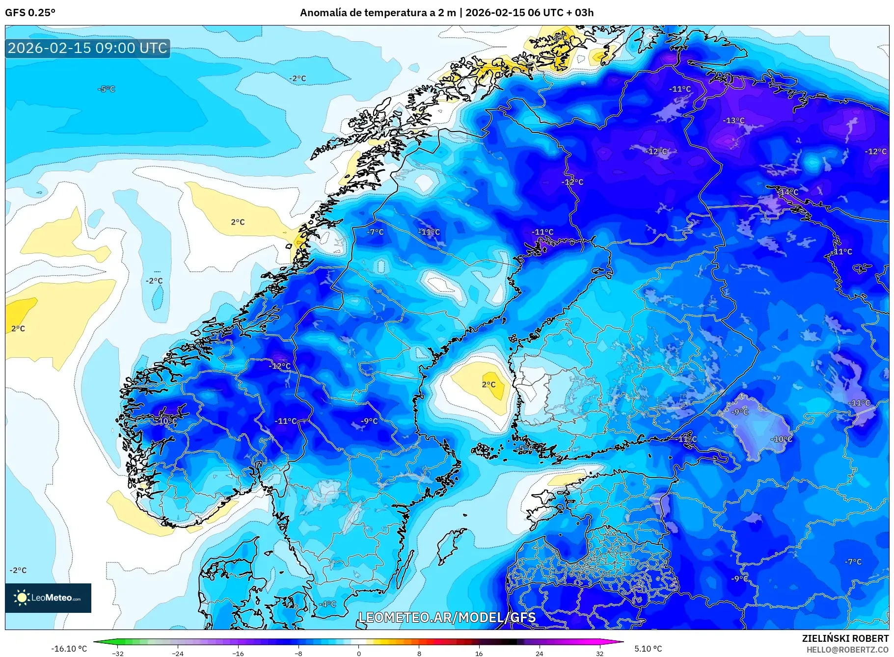 GFS model - Escandinavia, Anomalía de temperatura a 2 m