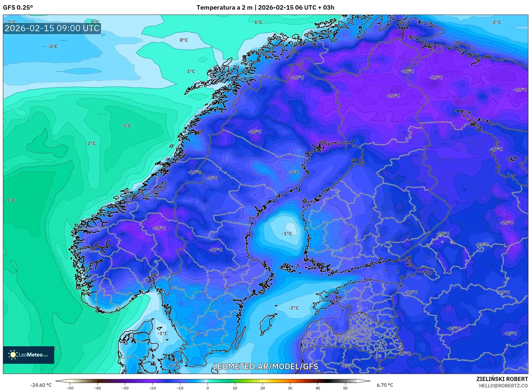 GFS model - Escandinavia, Temperatura a 2 m