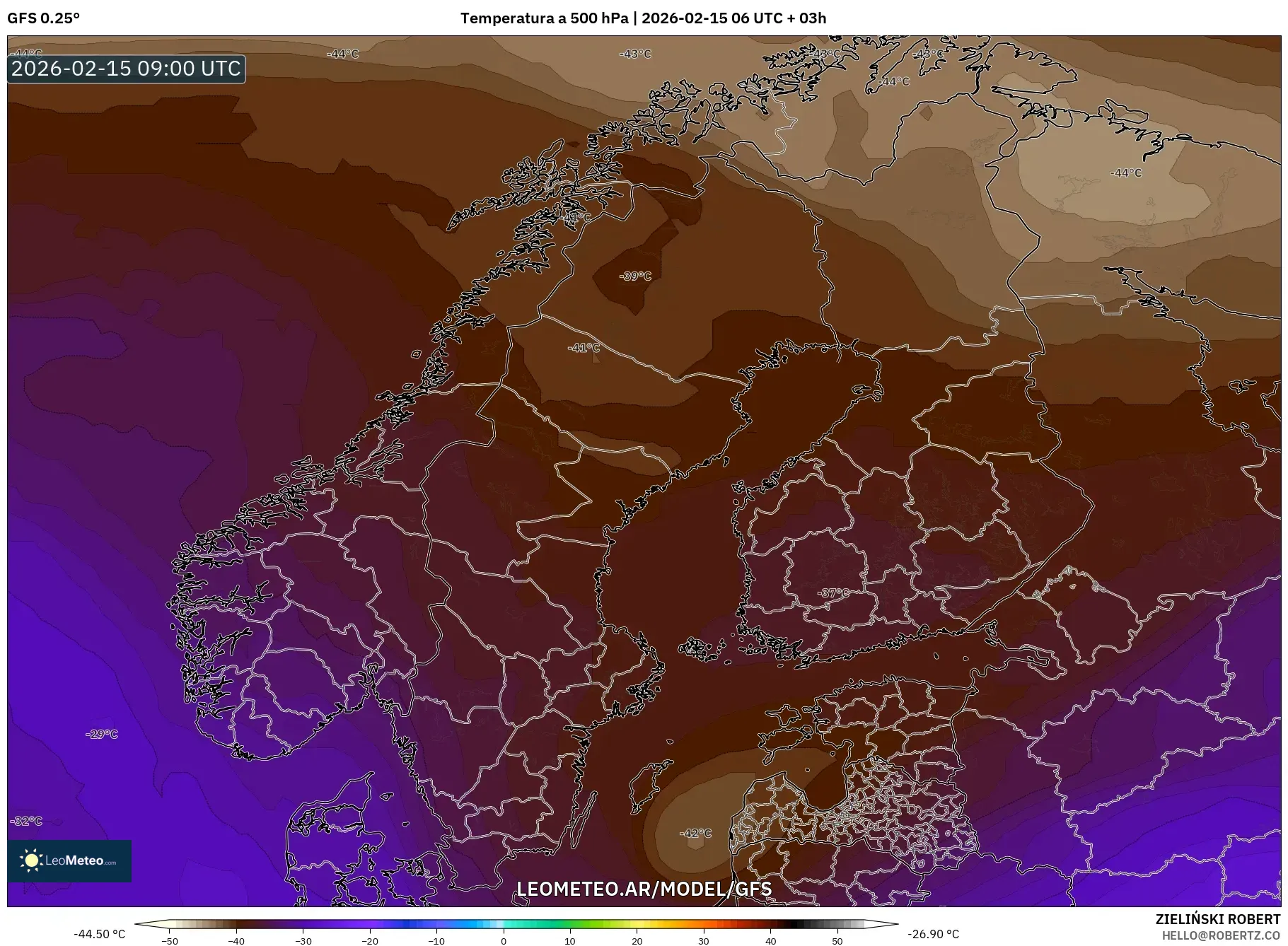 GFS model - Escandinavia, Temperatura a 500 hPa