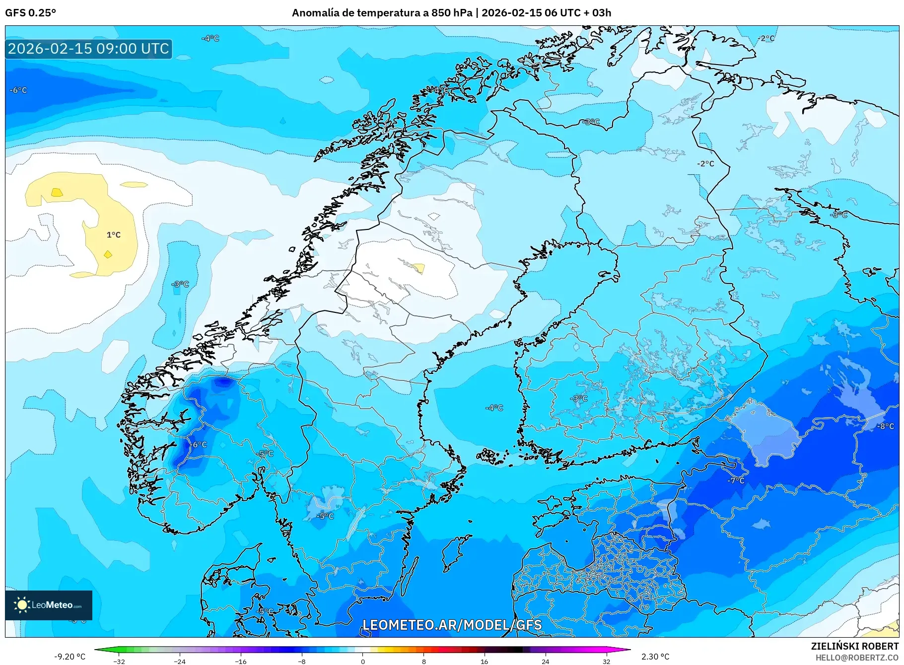 GFS model - Escandinavia, Anomalía de temperatura a 850 hPa