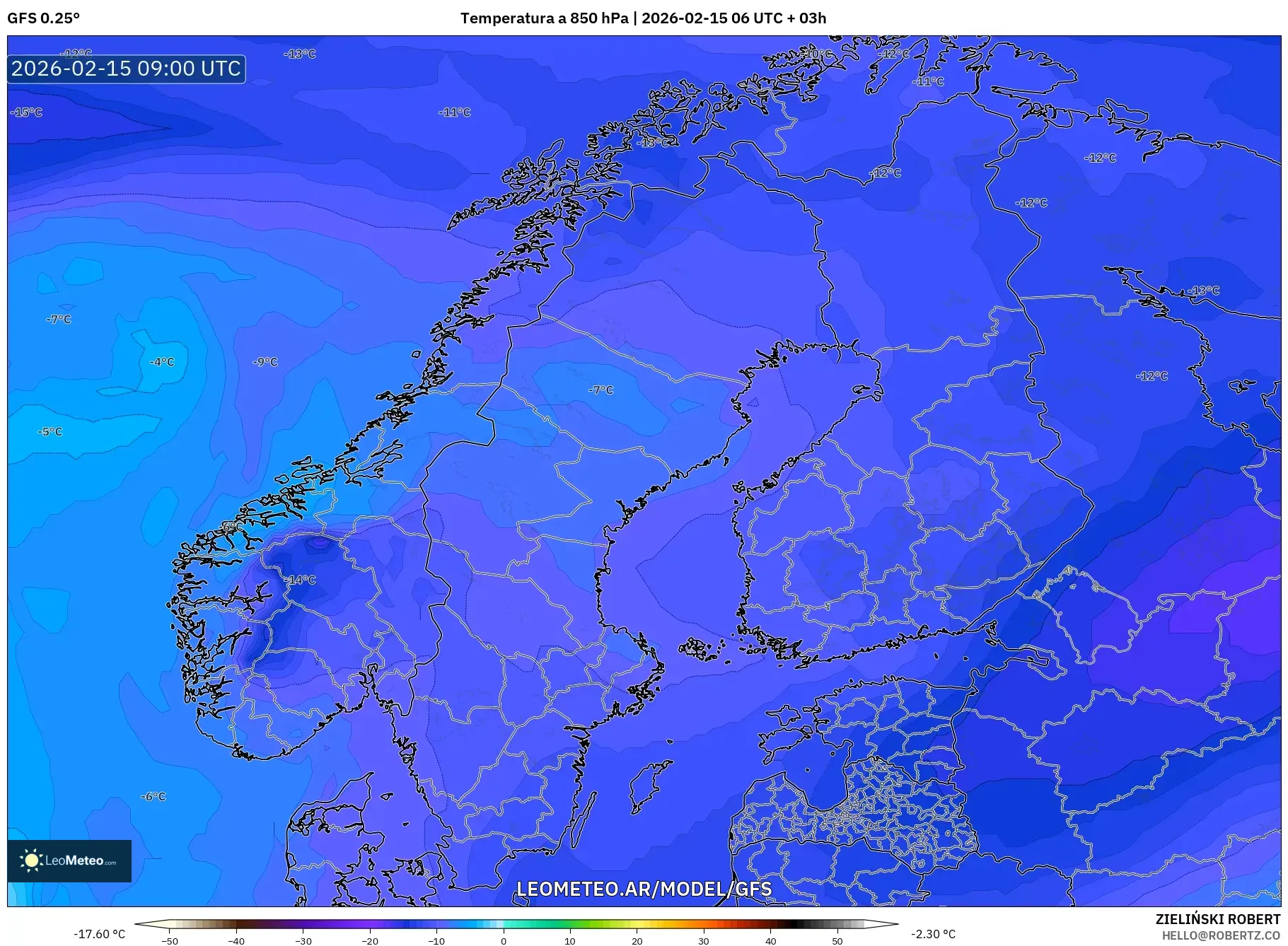 GFS model - Escandinavia, Temperatura a 850 hPa