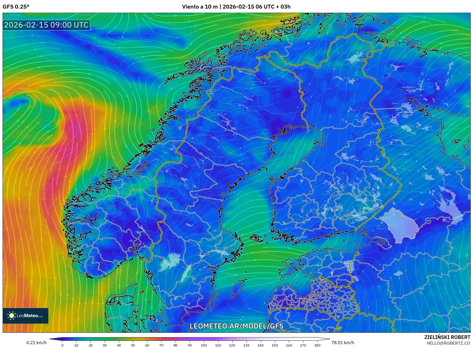 GFS model - Escandinavia, Viento a 10 m