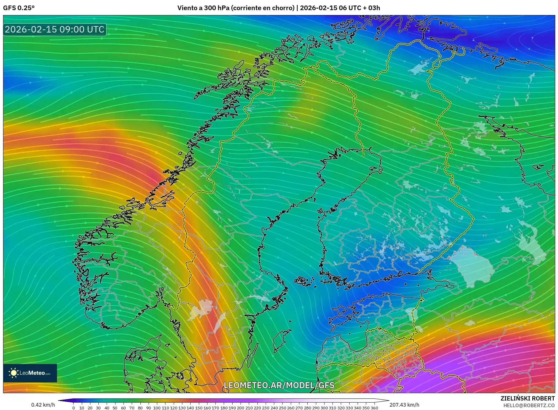 GFS model - Escandinavia, Viento a 300 hPa (corriente en chorro)