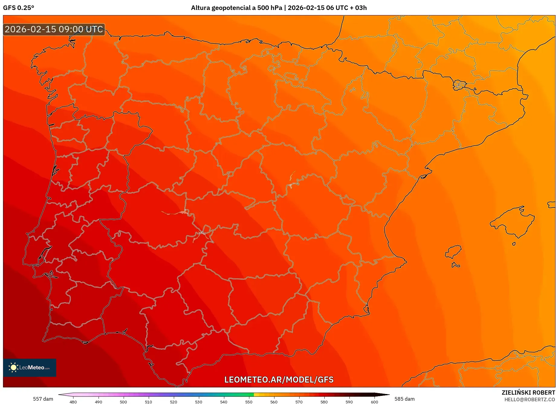 GFS model - España, Altura geopotencial a 500 hPa