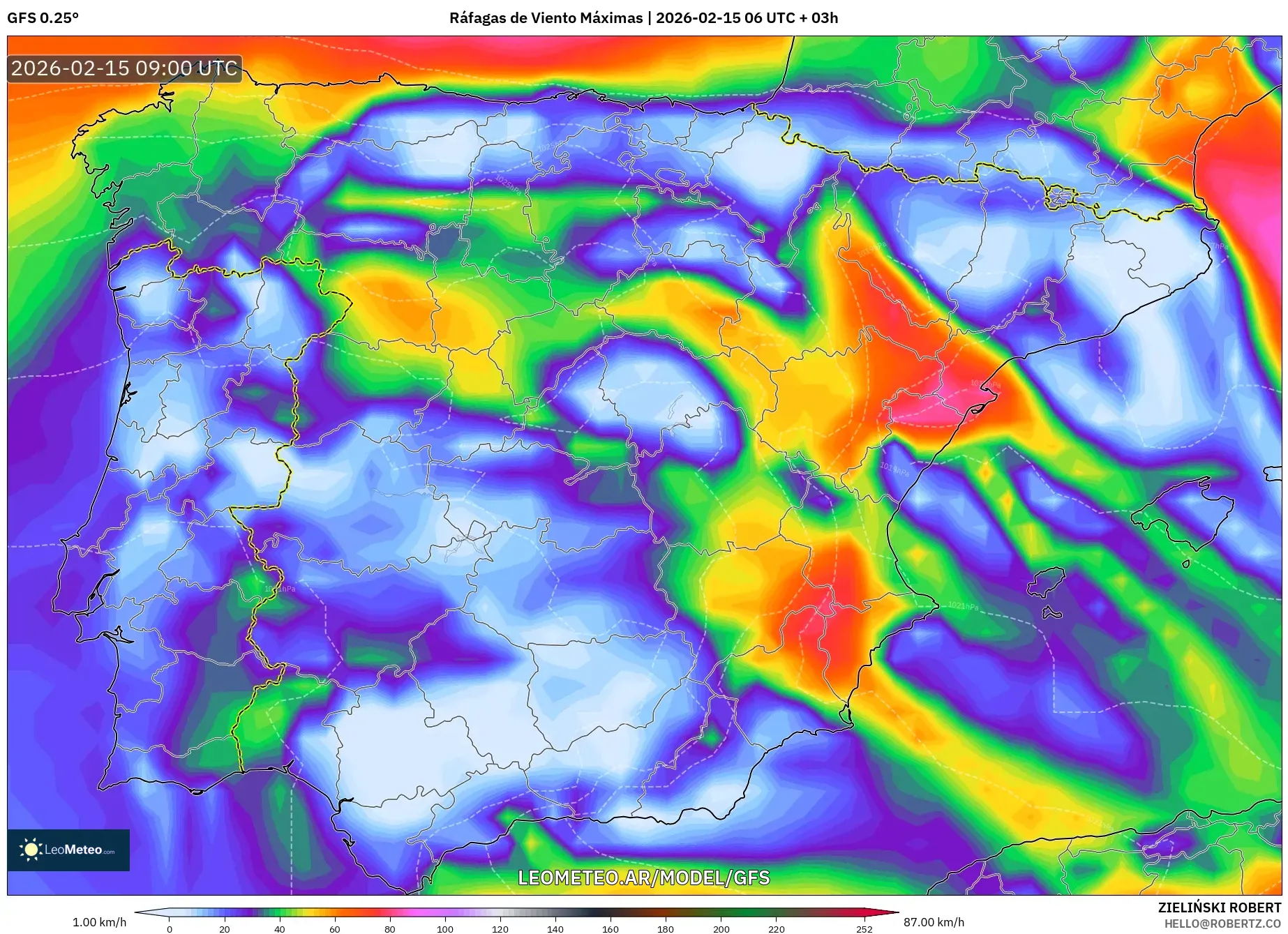 GFS model - España, Ráfagas de Viento Máximas
