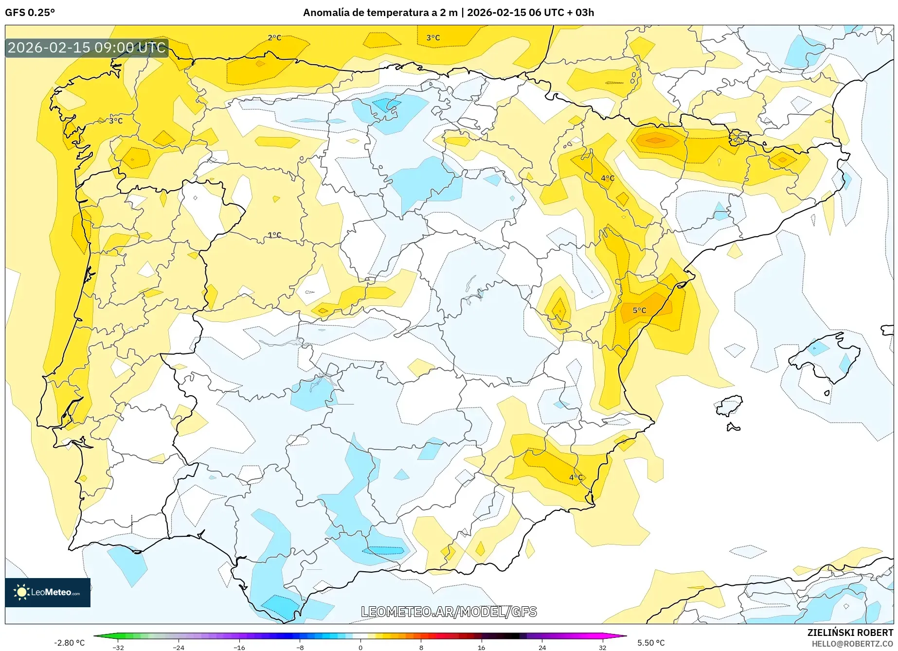 GFS model - España, Anomalía de temperatura a 2 m