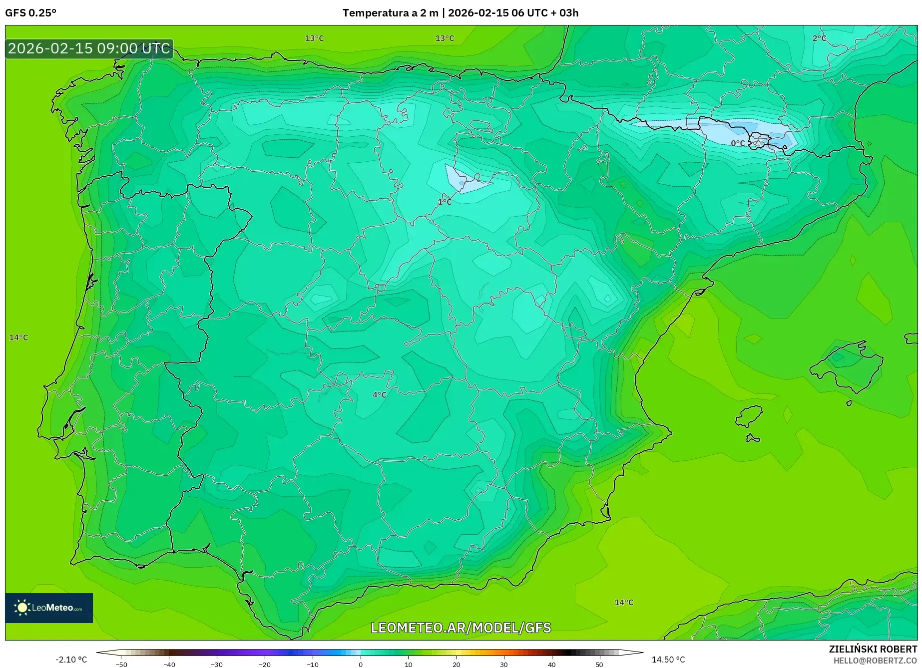 GFS model - España, Temperatura a 2 m