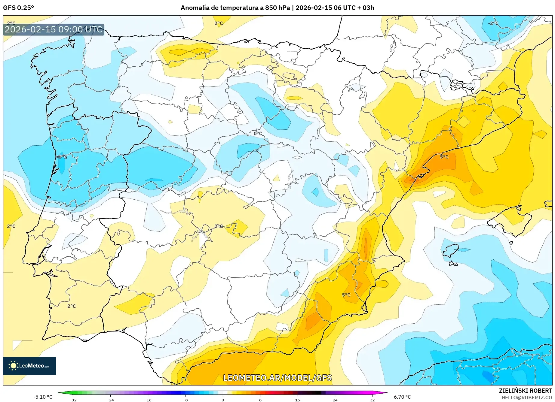 GFS model - España, Anomalía de temperatura a 850 hPa