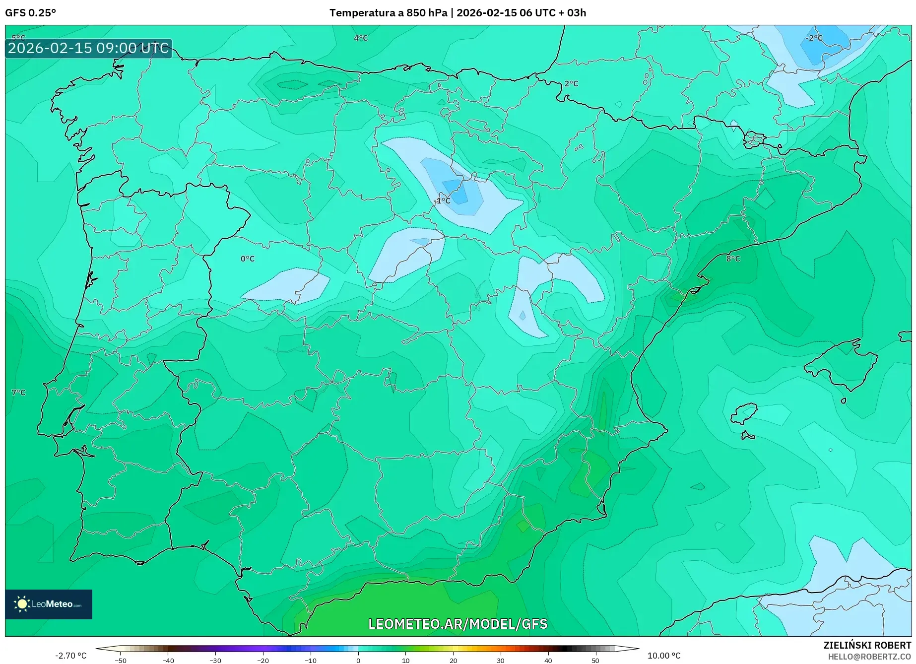 GFS model - España, Temperatura a 850 hPa