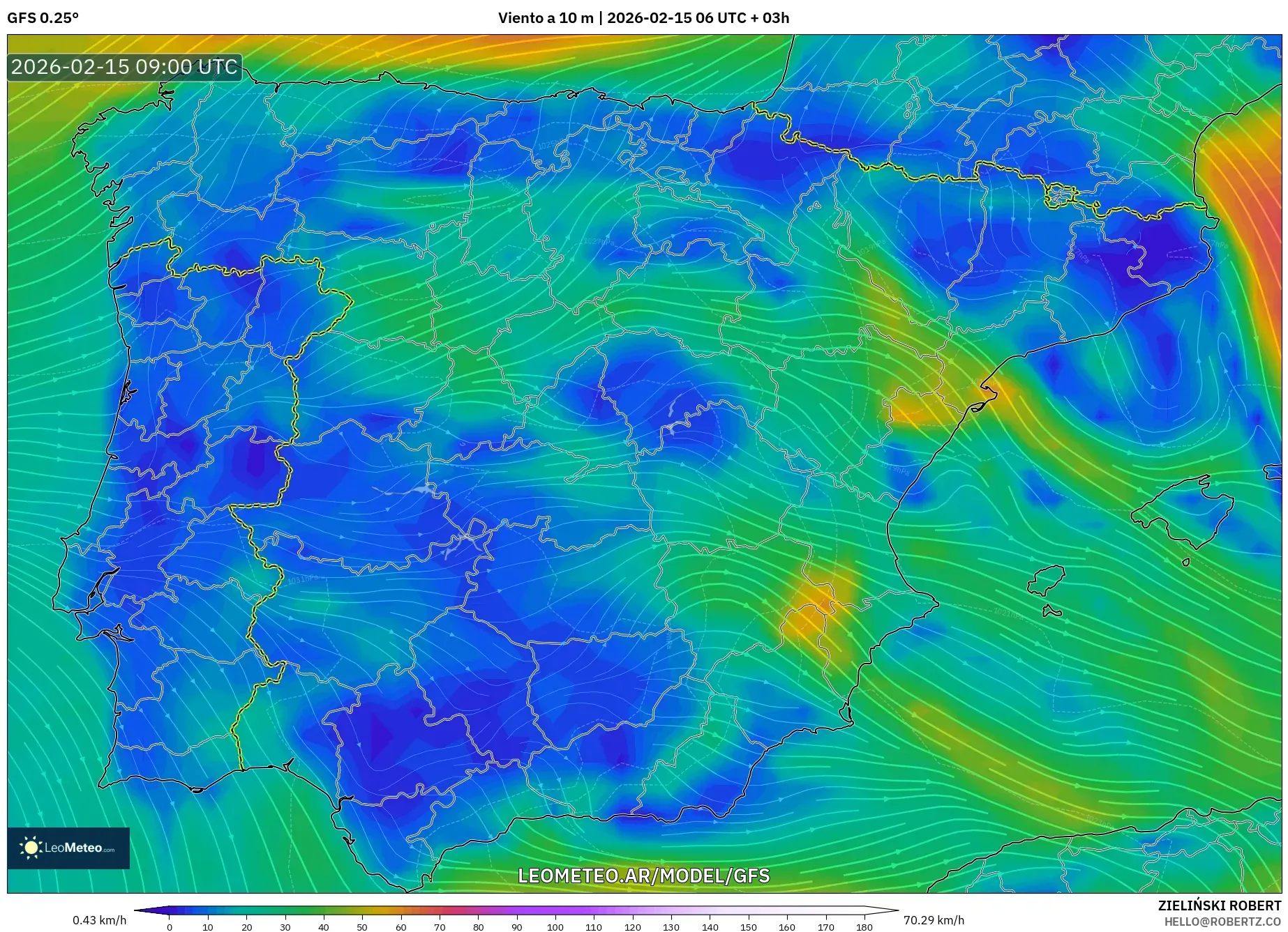 GFS model - España, Viento a 10 m
