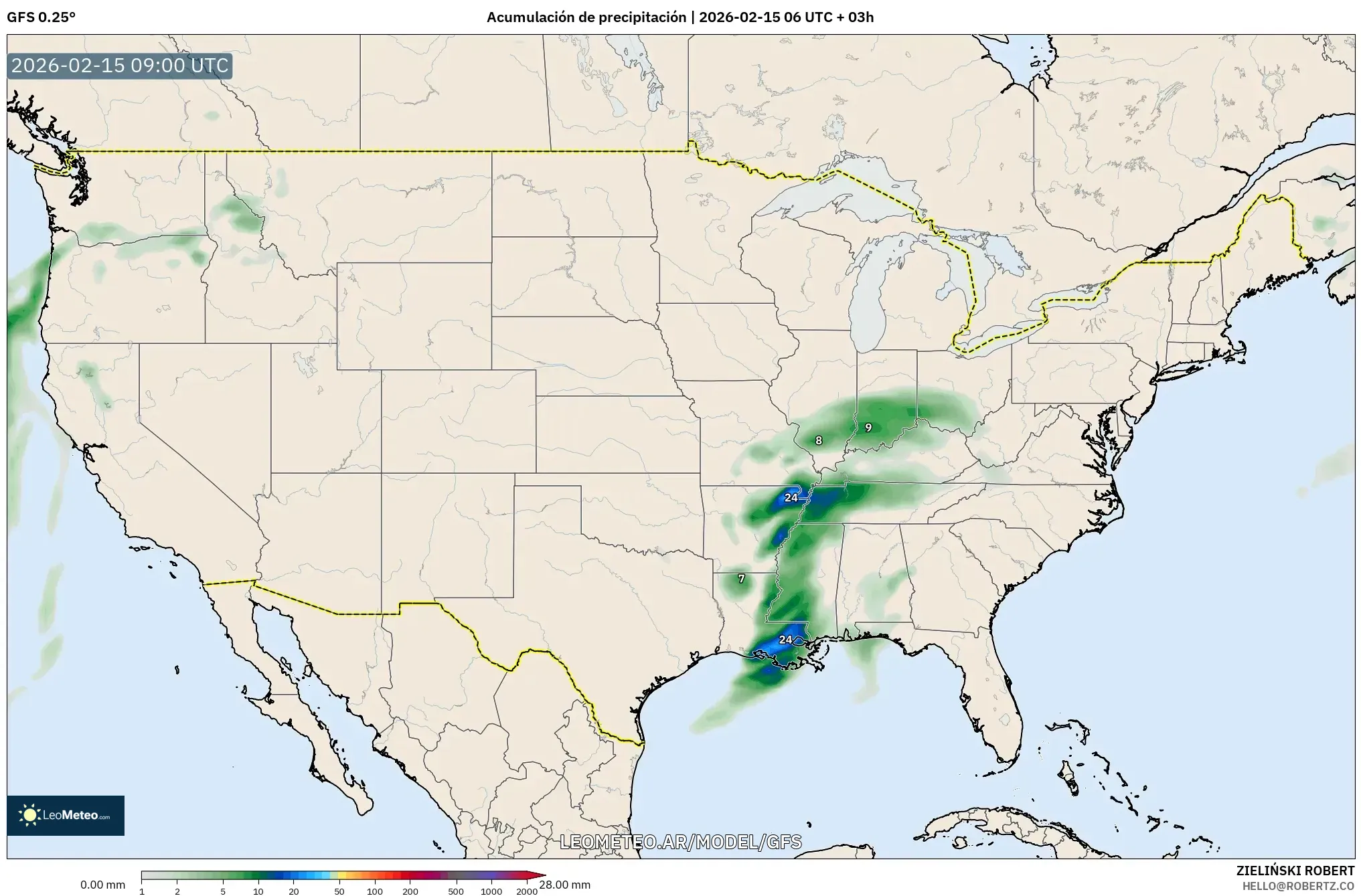 GFS model - Estados Unidos, Acumulación de precipitación