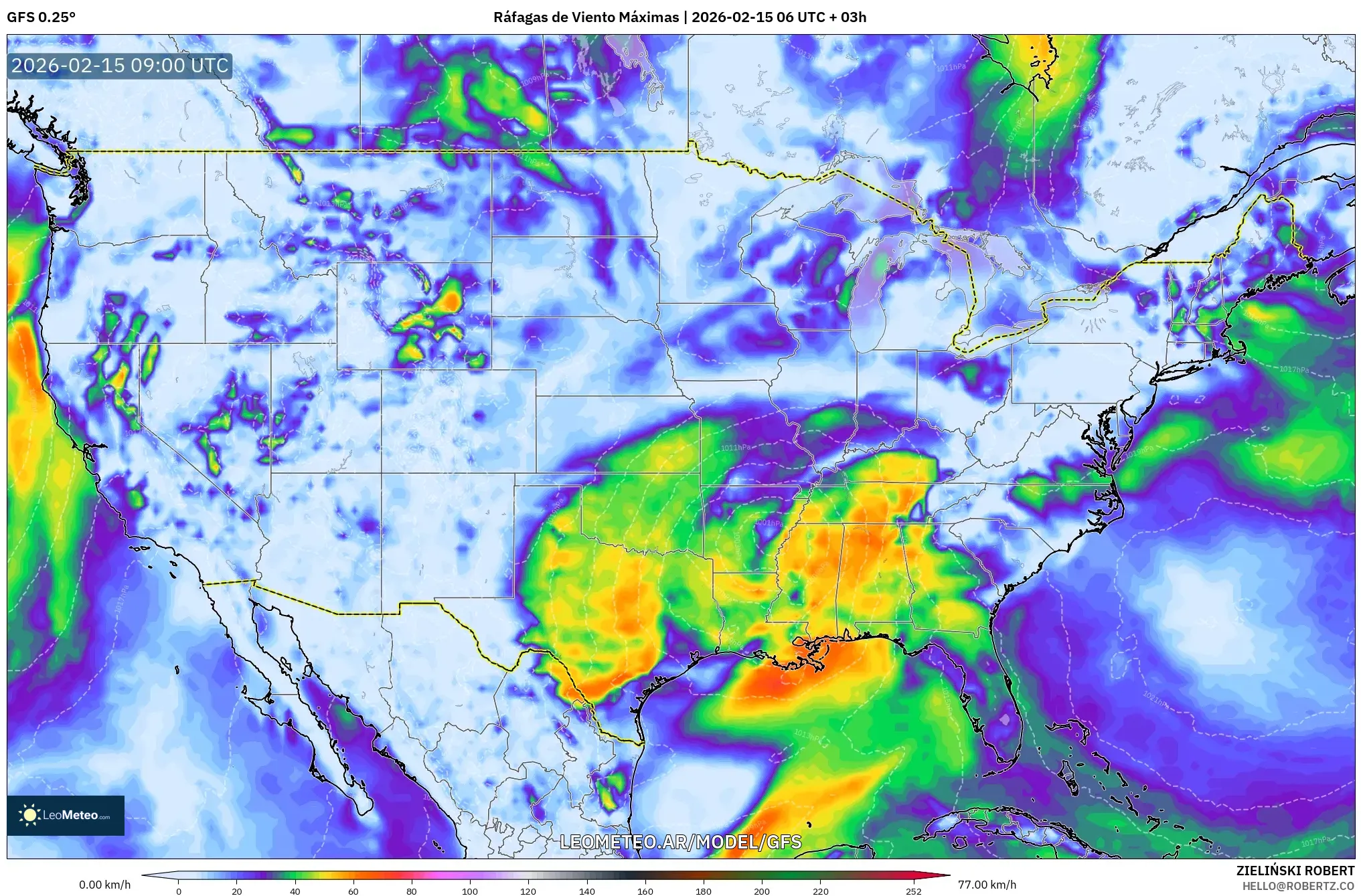 GFS model - Estados Unidos, Ráfagas de Viento Máximas