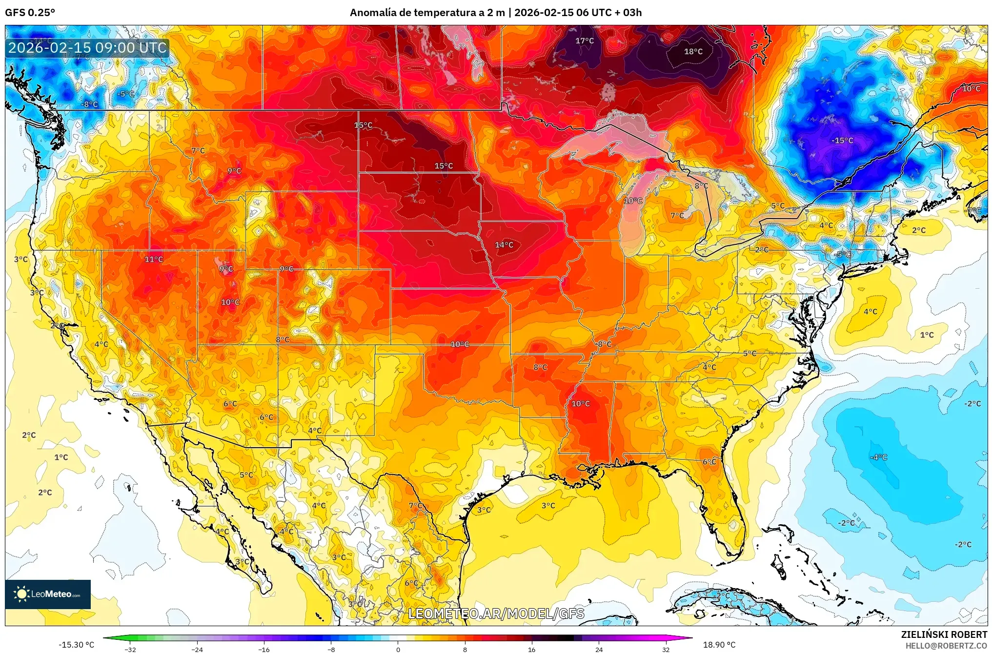 GFS model - Estados Unidos, Anomalía de temperatura a 2 m