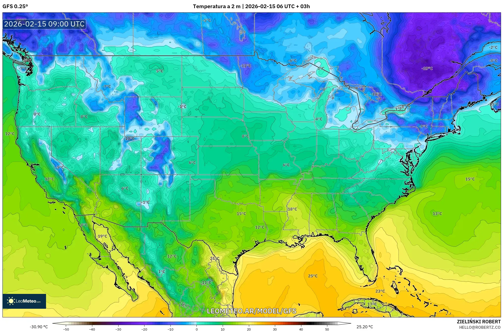 GFS model - Estados Unidos, Temperatura a 2 m