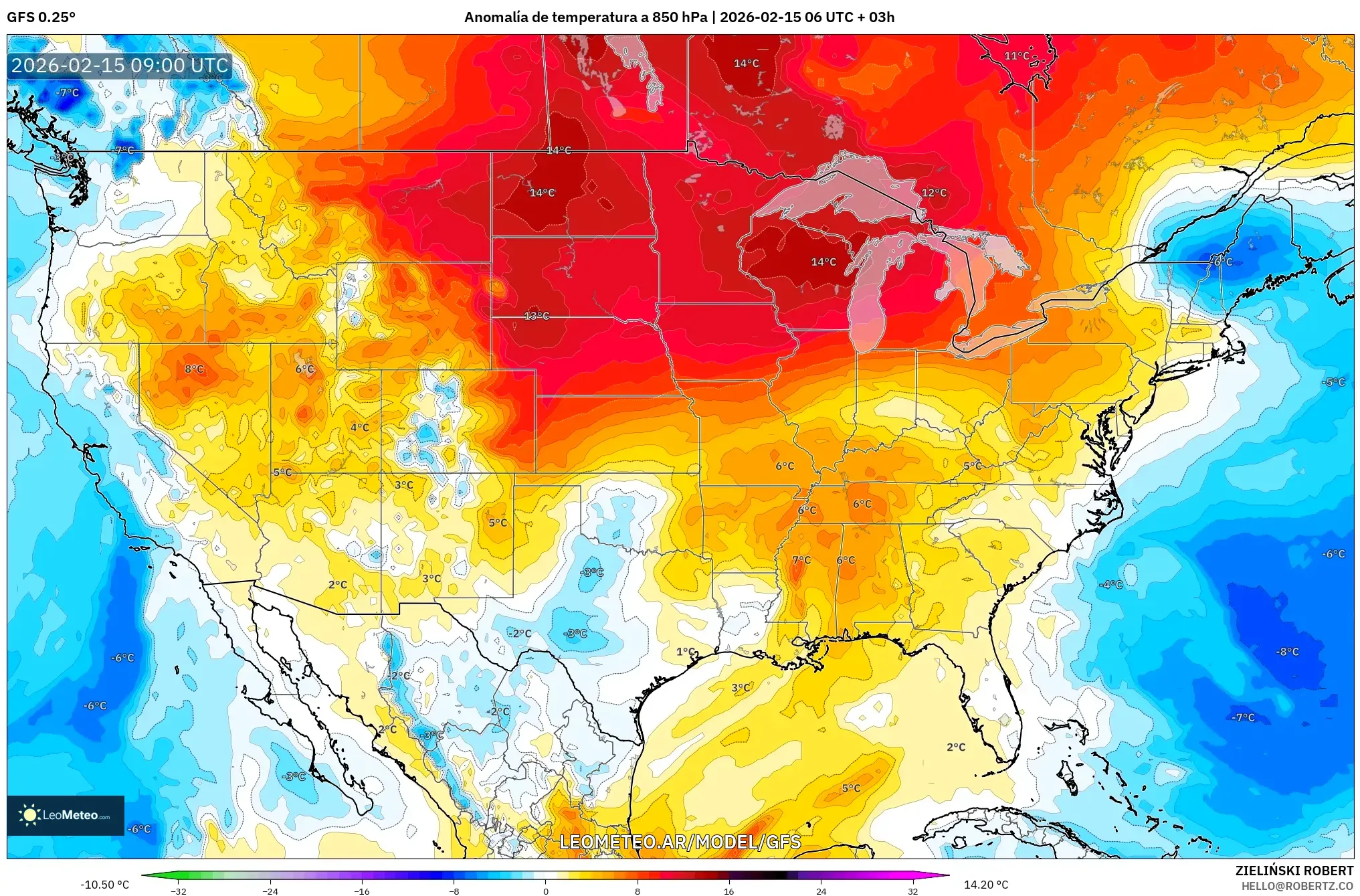 GFS model - Estados Unidos, Anomalía de temperatura a 850 hPa