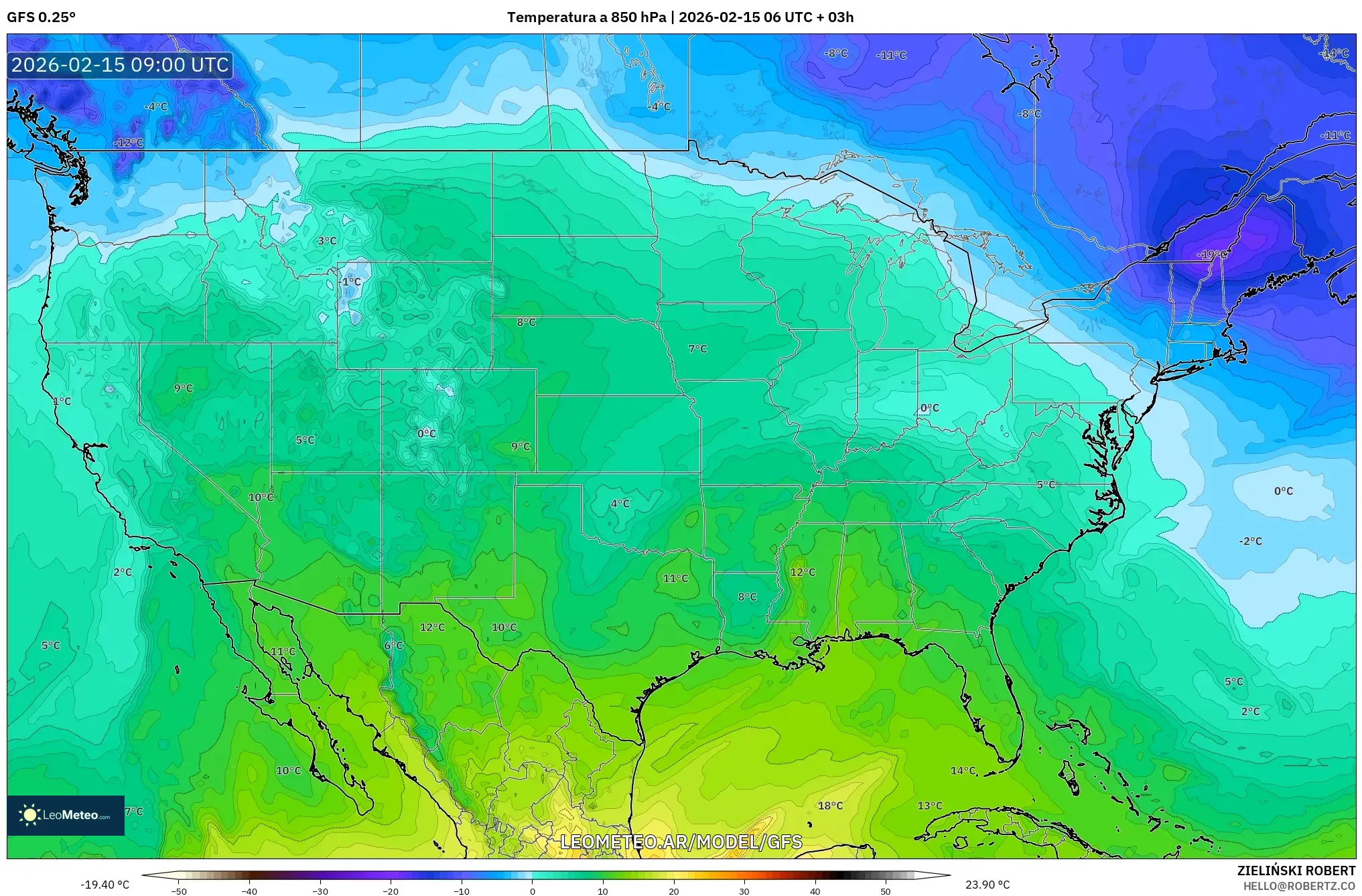 GFS model - Estados Unidos, Temperatura a 850 hPa