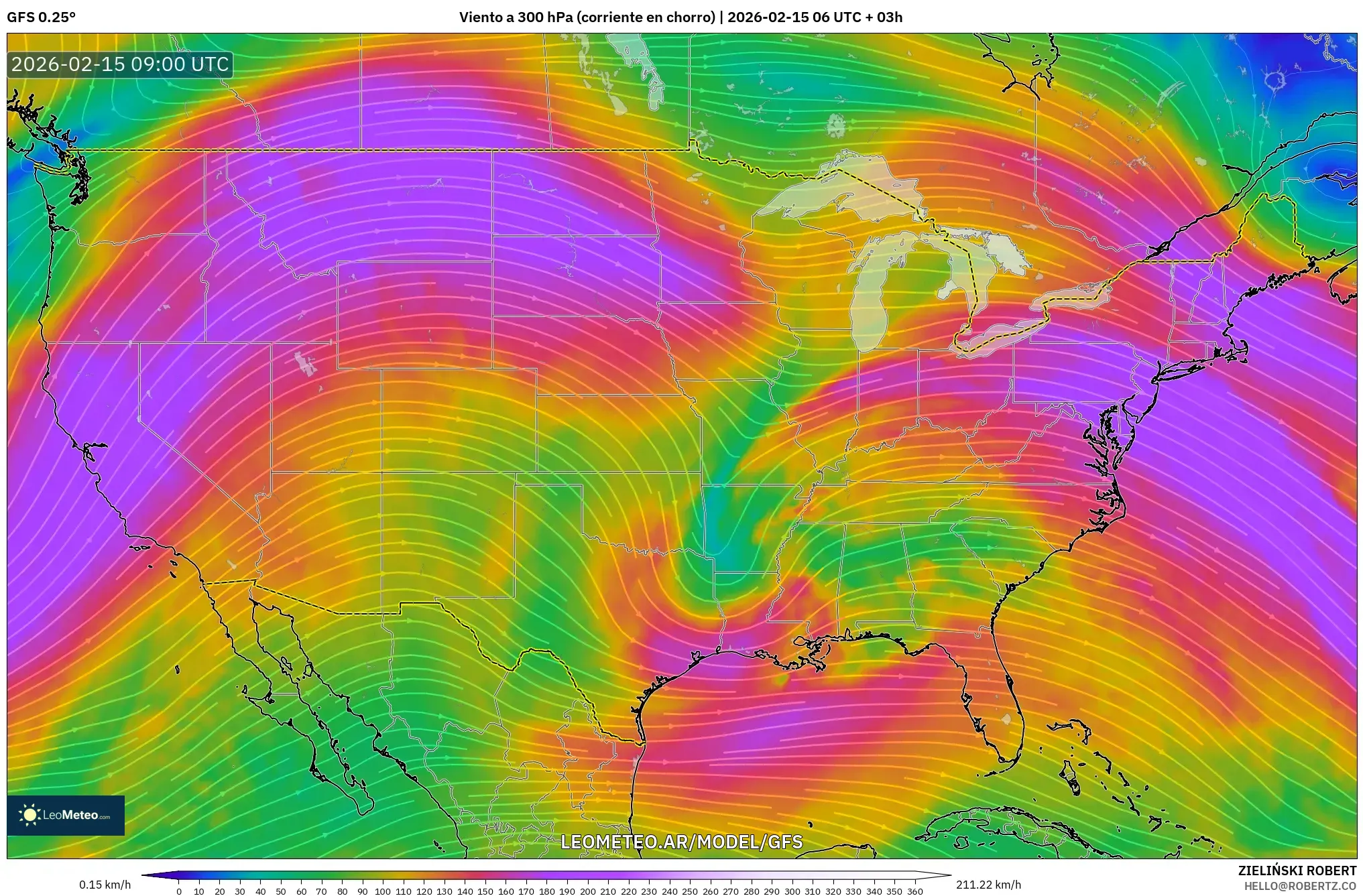GFS model - Estados Unidos, Viento a 300 hPa (corriente en chorro)