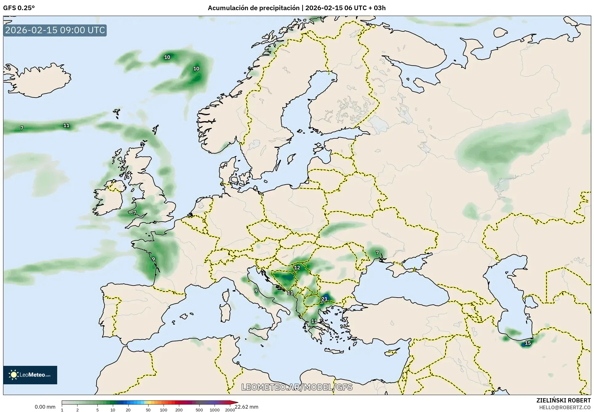 GFS model - Europa, Acumulación de precipitación
