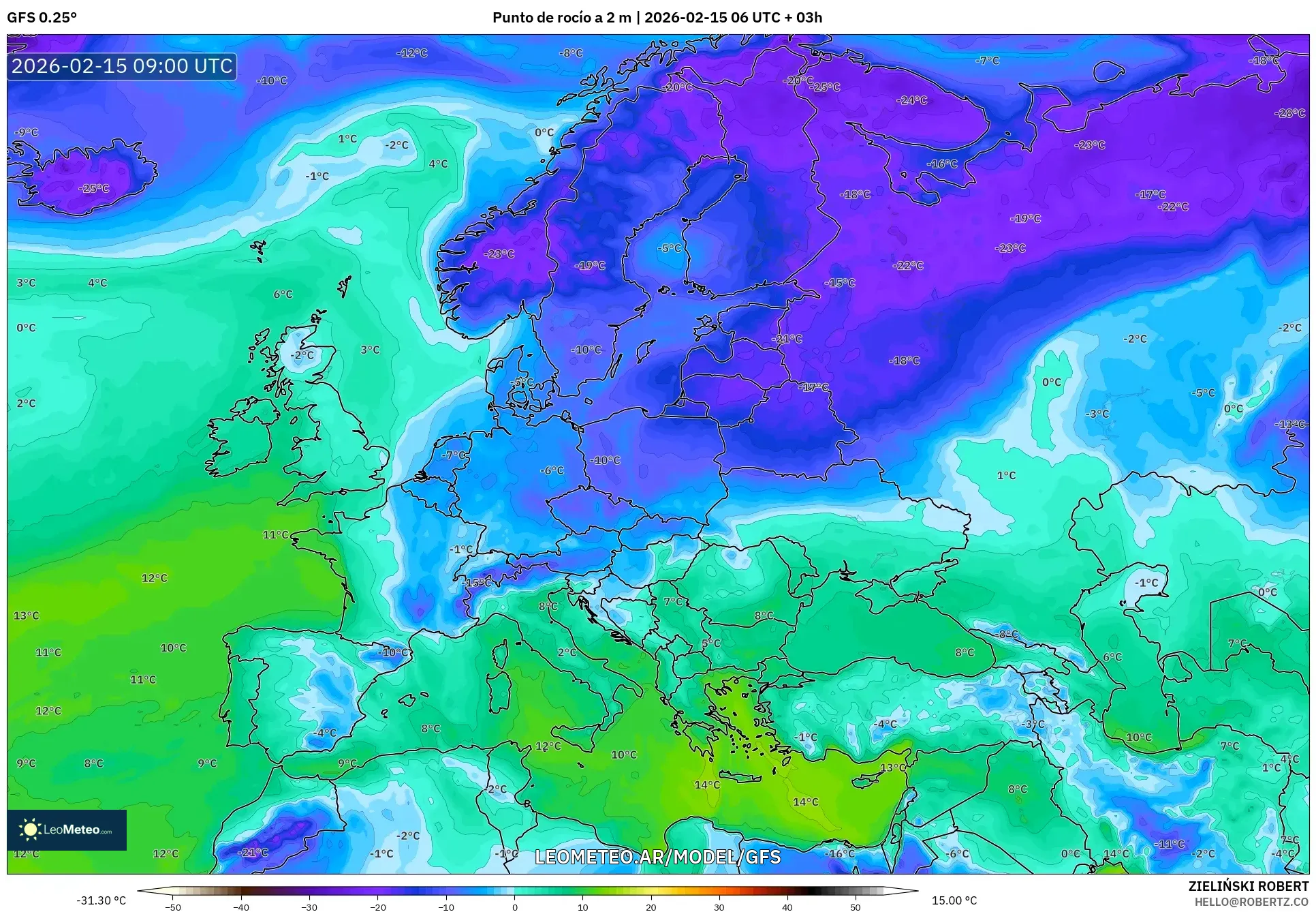 GFS model - Europa, Punto de rocío a 2 m