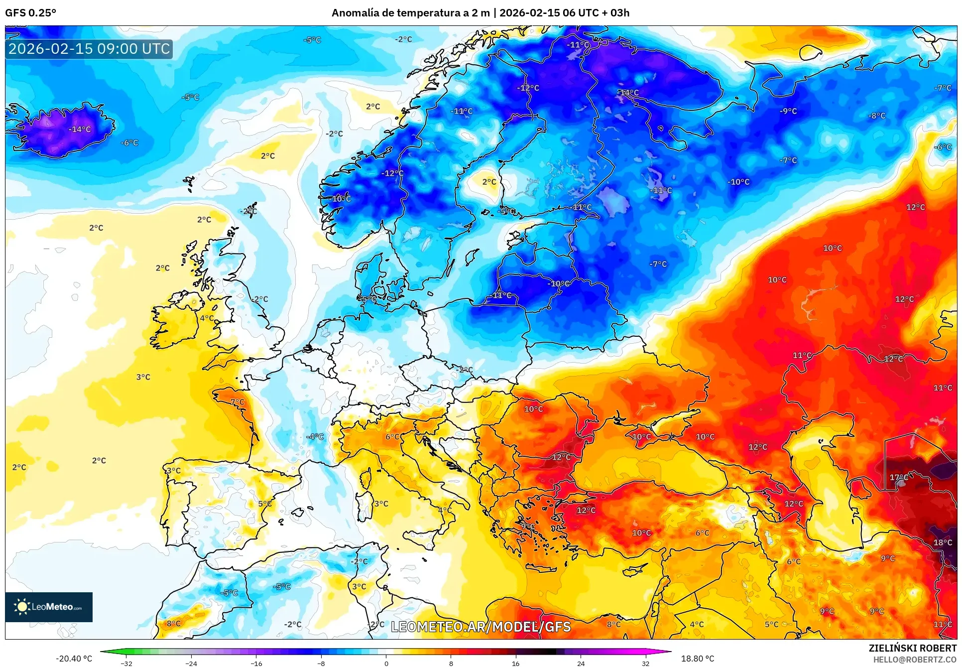 GFS model - Europa, Anomalía de temperatura a 2 m