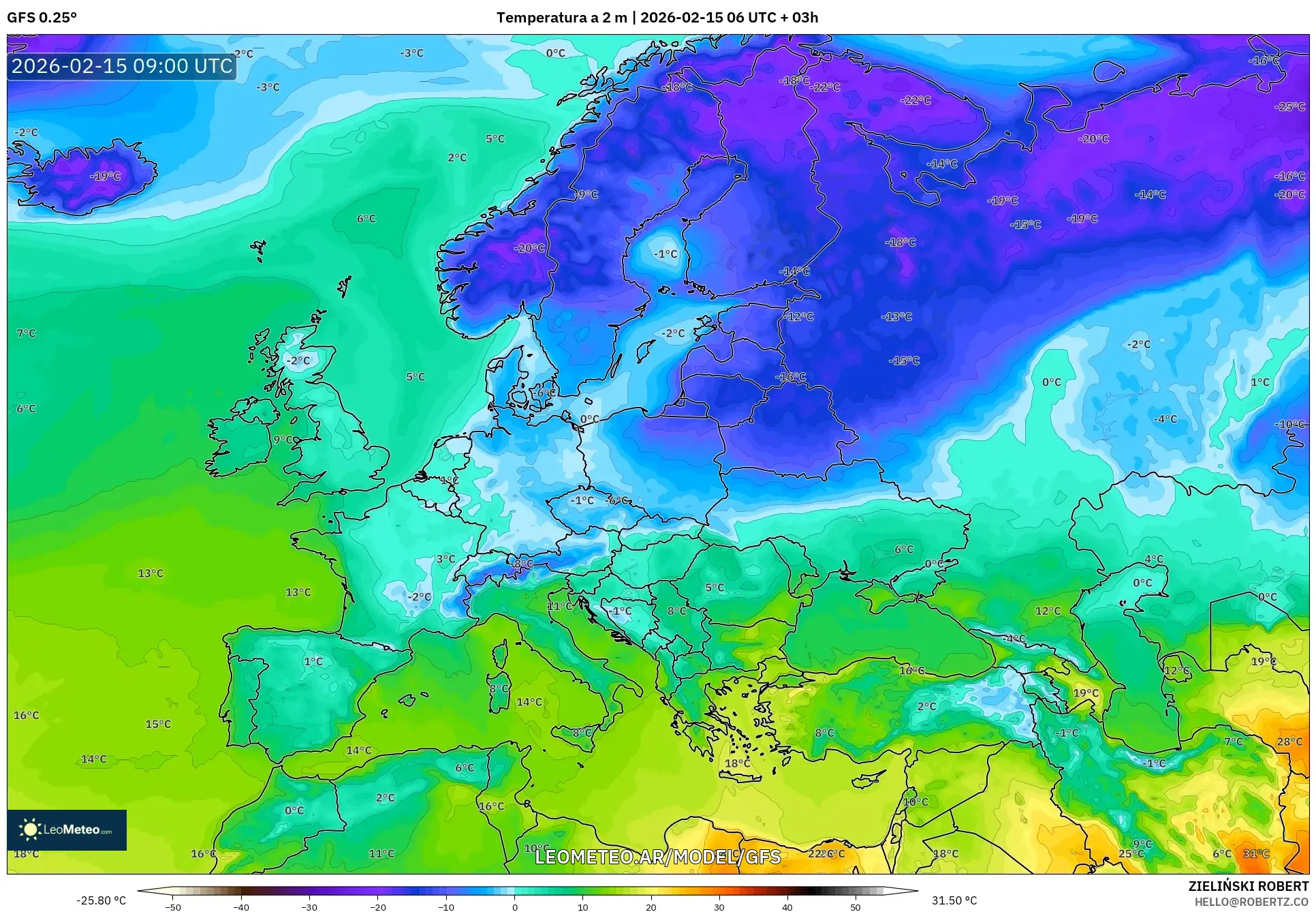 GFS model - Europa, Temperatura a 2 m