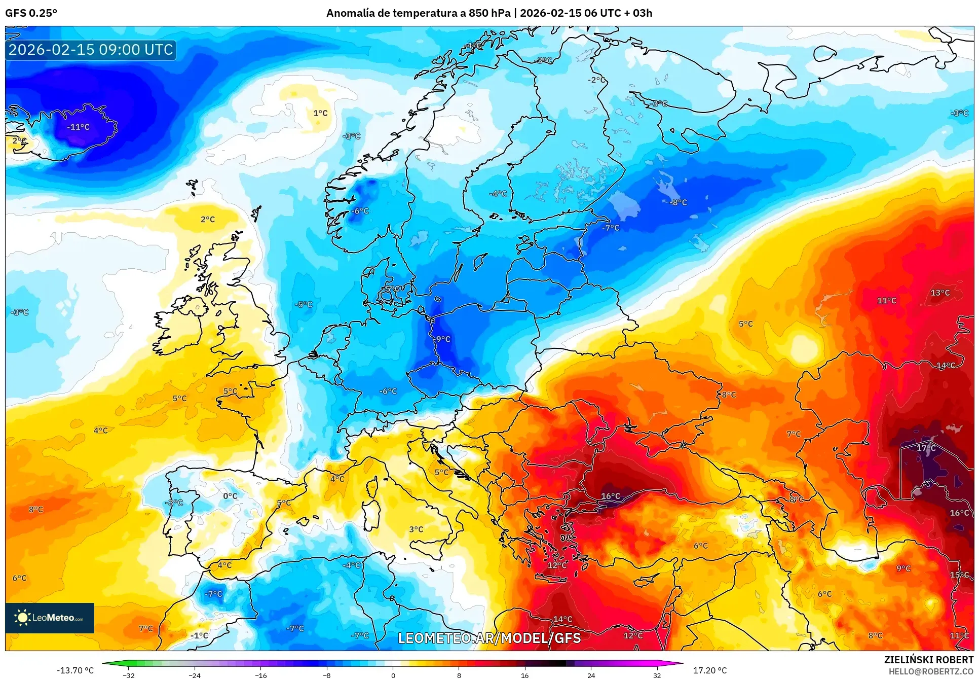 GFS model - Europa, Anomalía de temperatura a 850 hPa