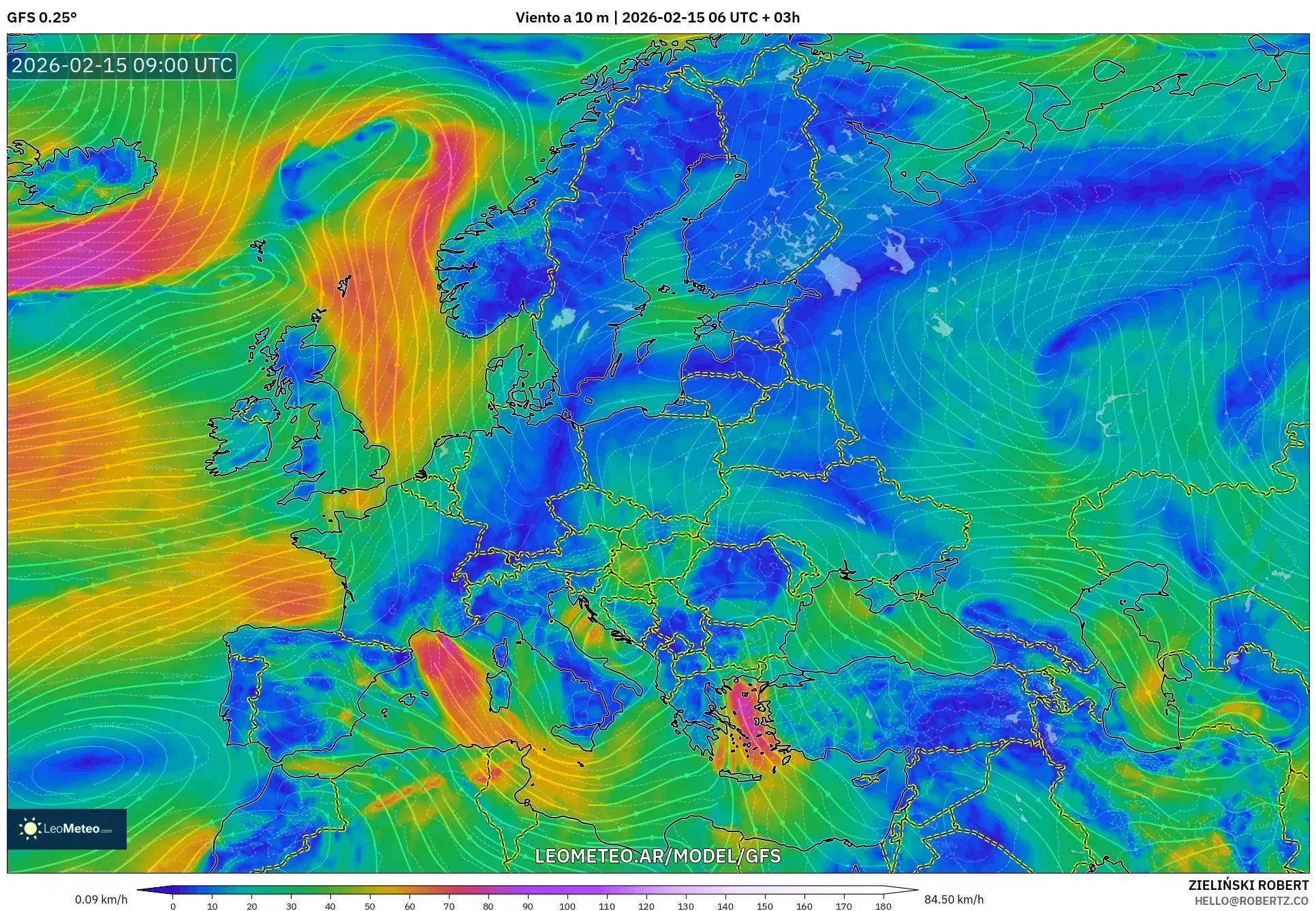 GFS model - Europa, Viento a 10 m