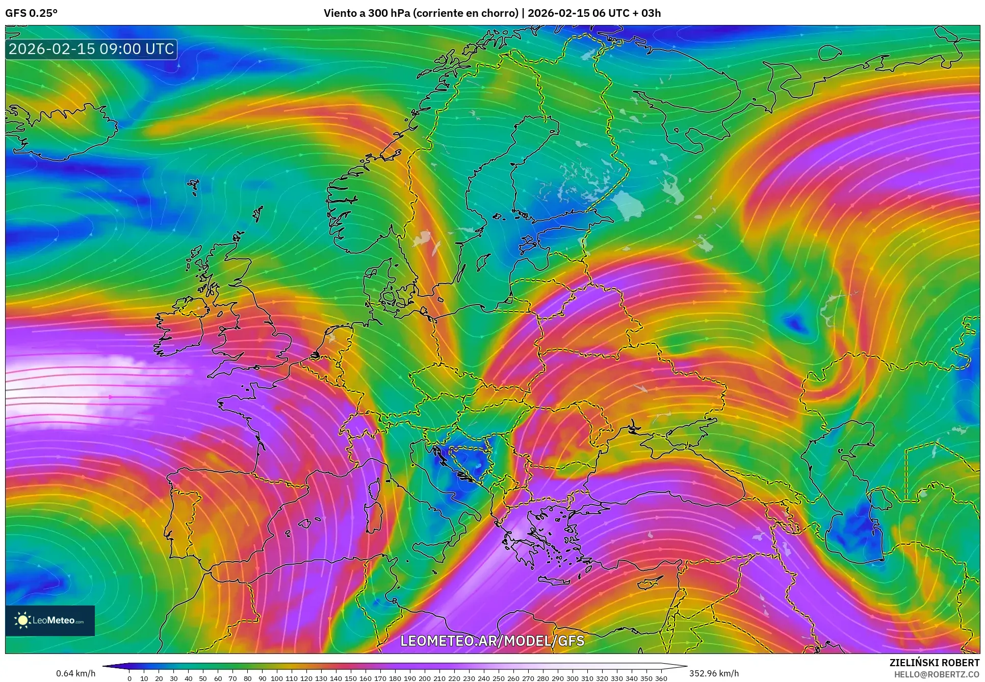 GFS model - Europa, Viento a 300 hPa (corriente en chorro)