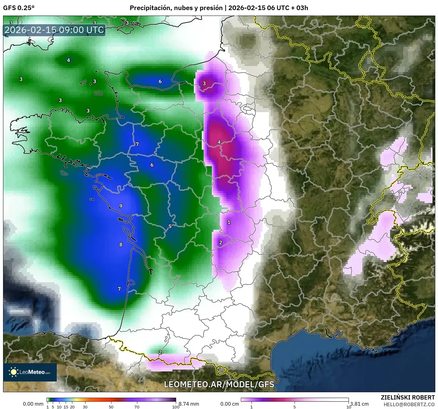 GFS model - Francia, Precipitación, nubes y presión