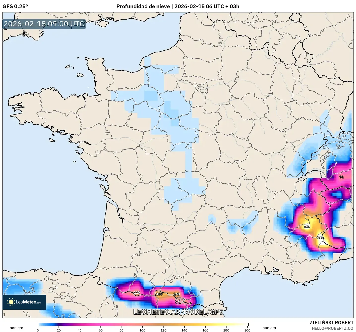 GFS model - Francia, Profundidad de nieve