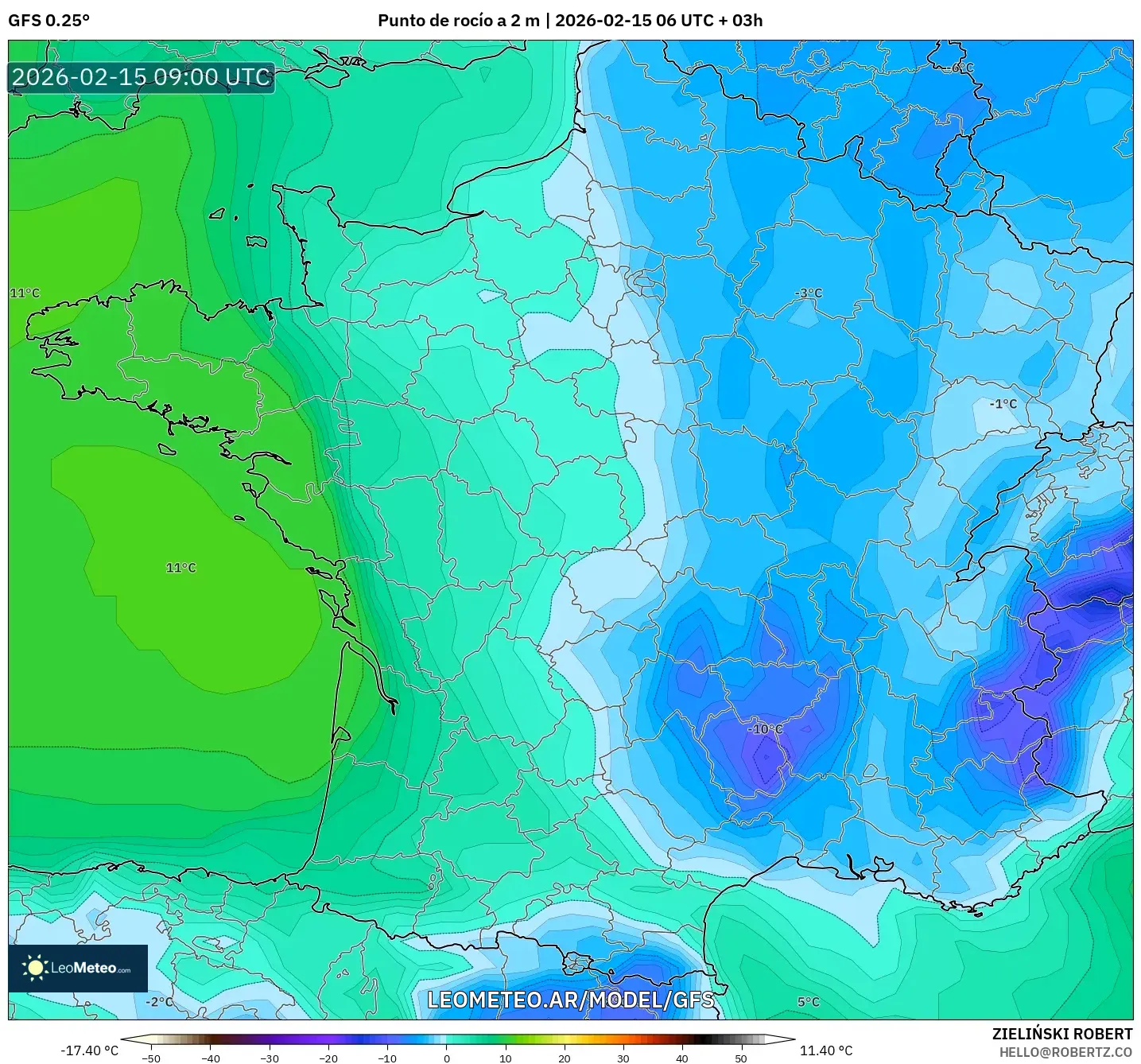 GFS model - Francia, Punto de rocío a 2 m
