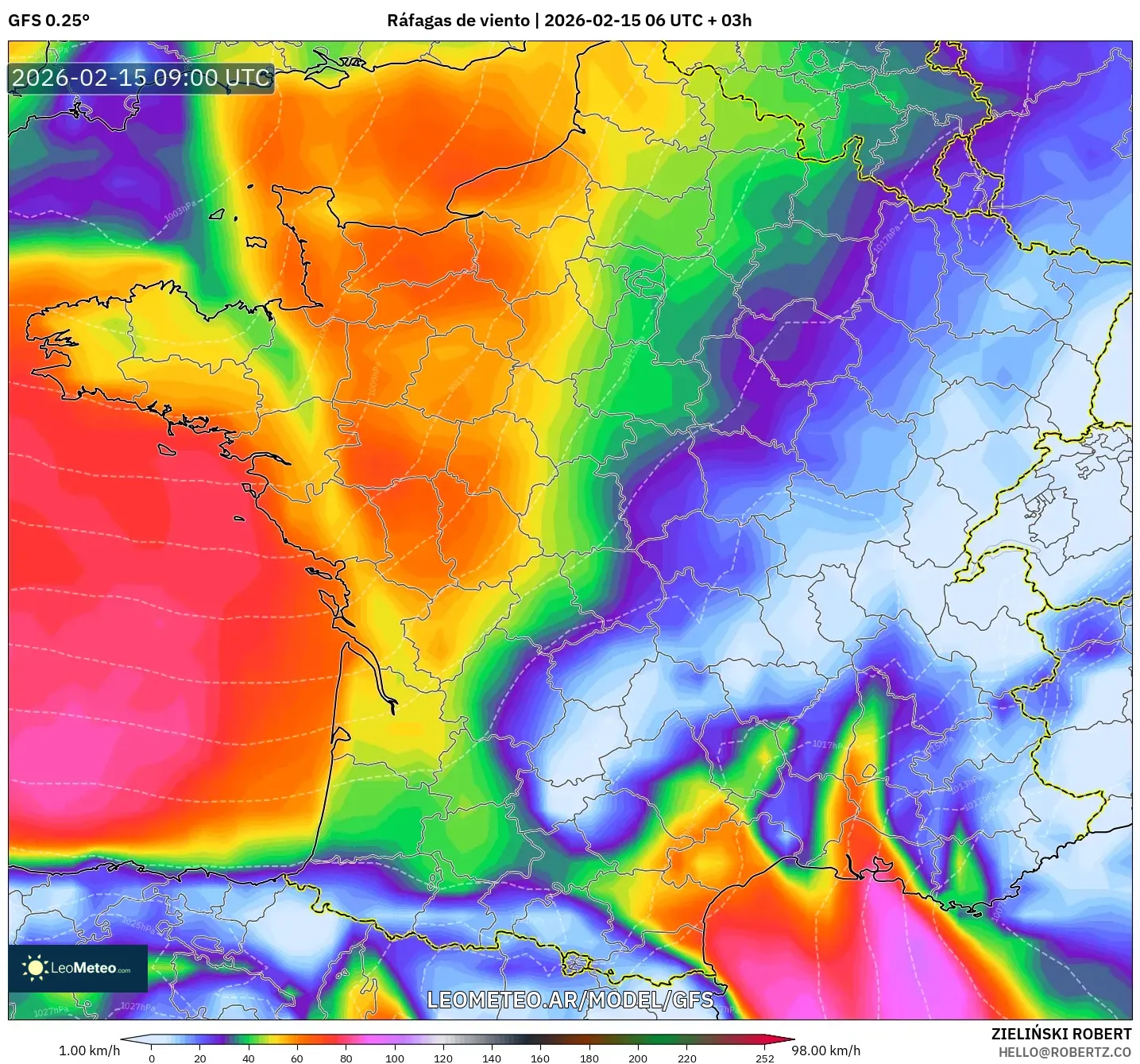 GFS model - Francia, Ráfagas de viento