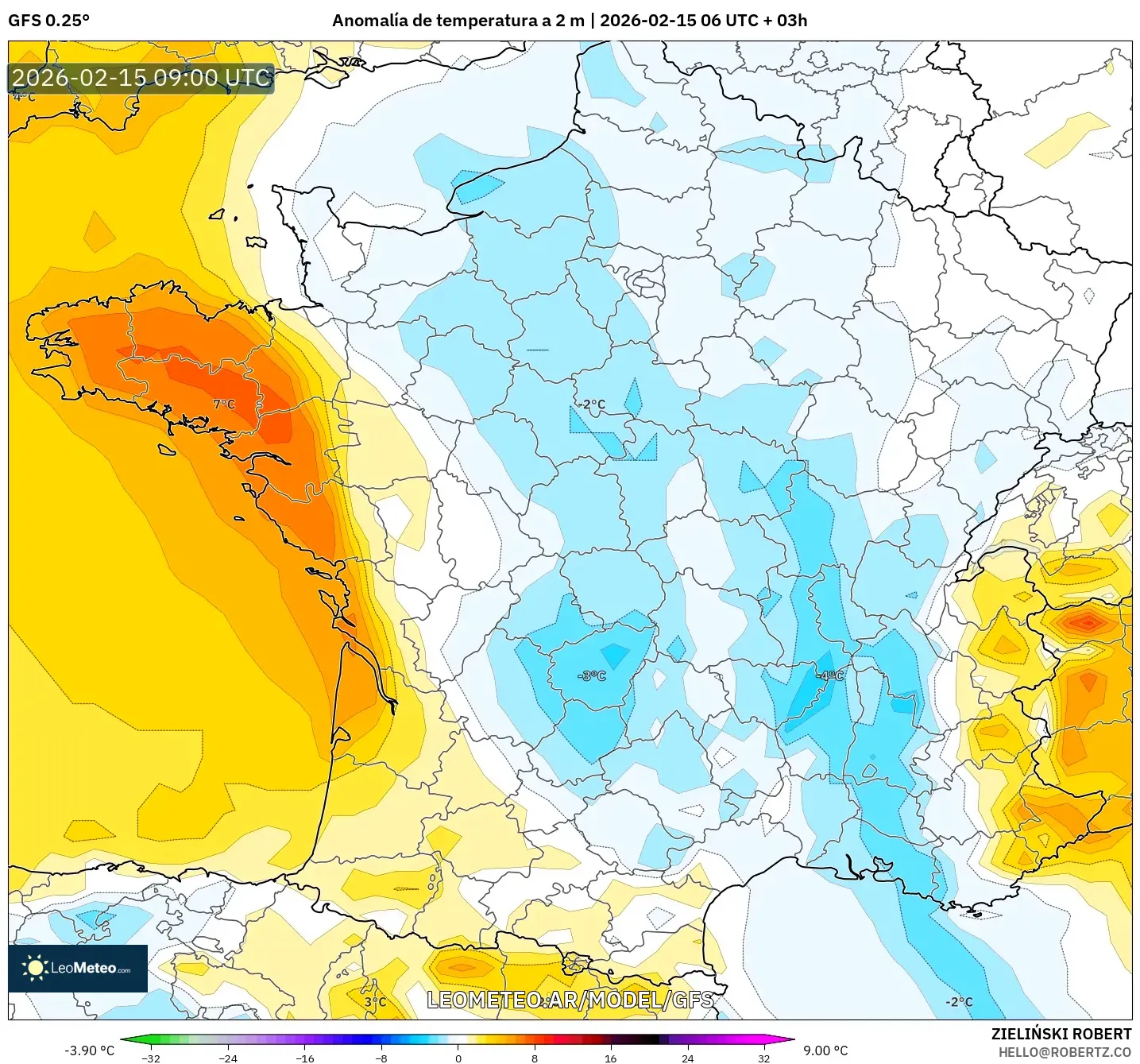 GFS model - Francia, Anomalía de temperatura a 2 m