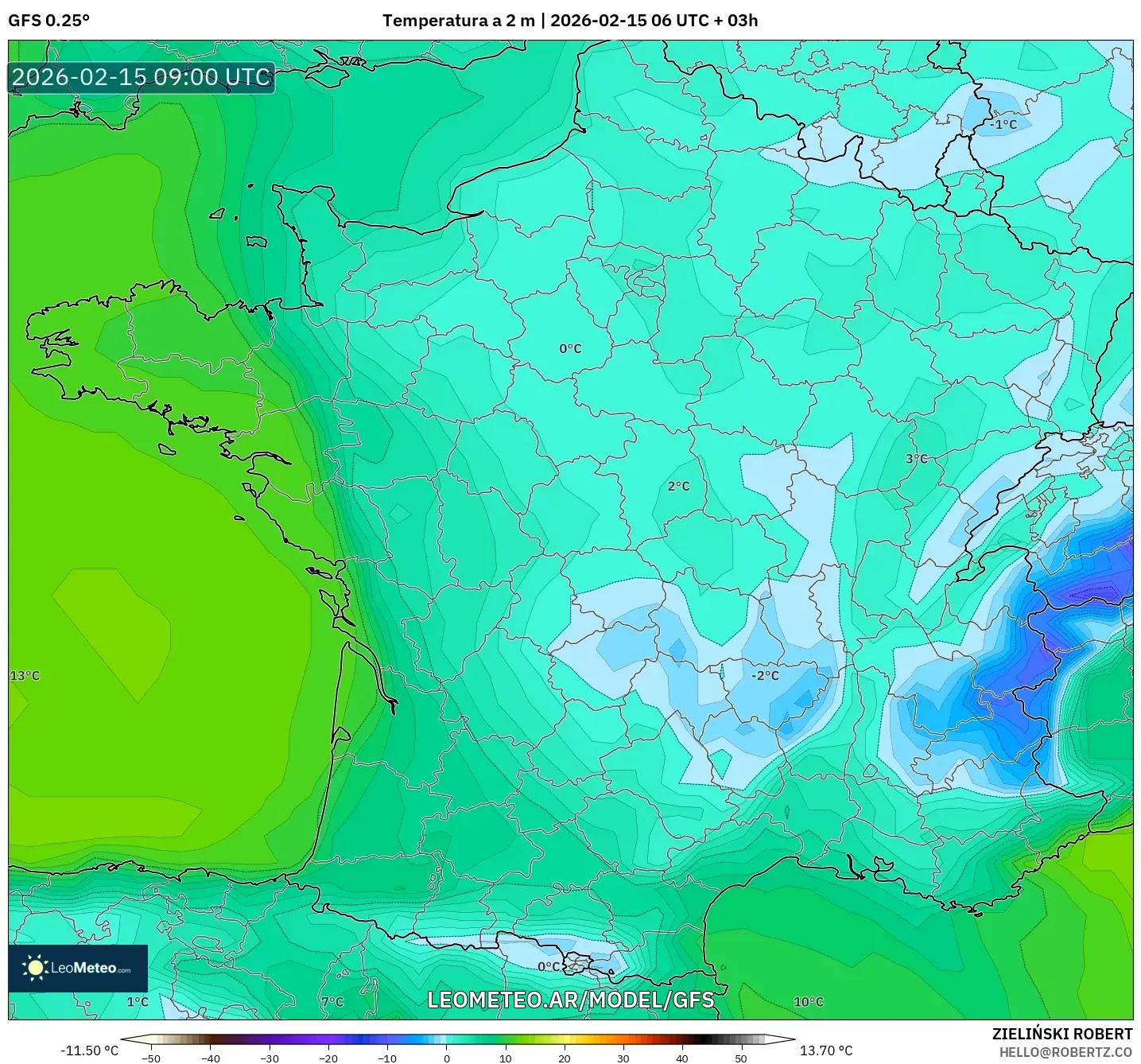 GFS model - Francia, Temperatura a 2 m