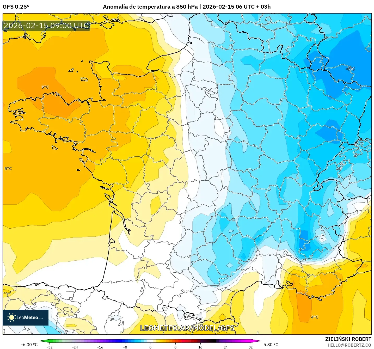 GFS model - Francia, Anomalía de temperatura a 850 hPa