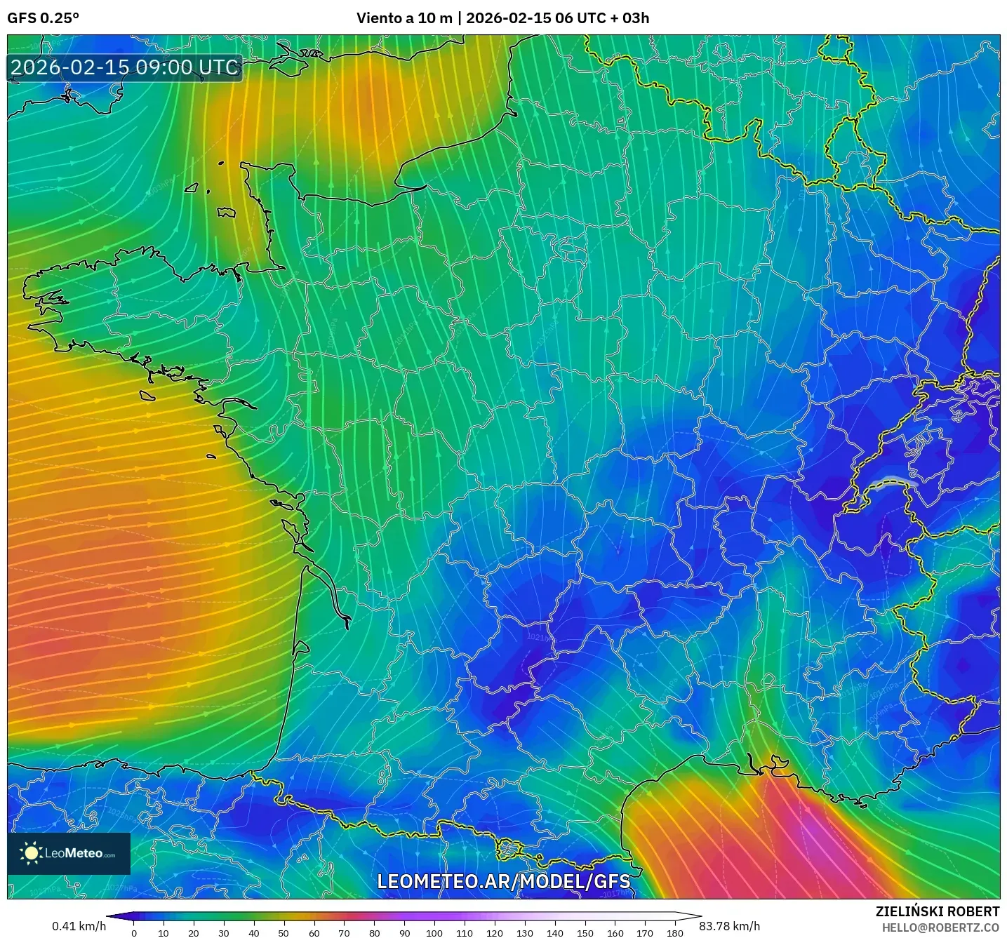 GFS model - Francia, Viento a 10 m