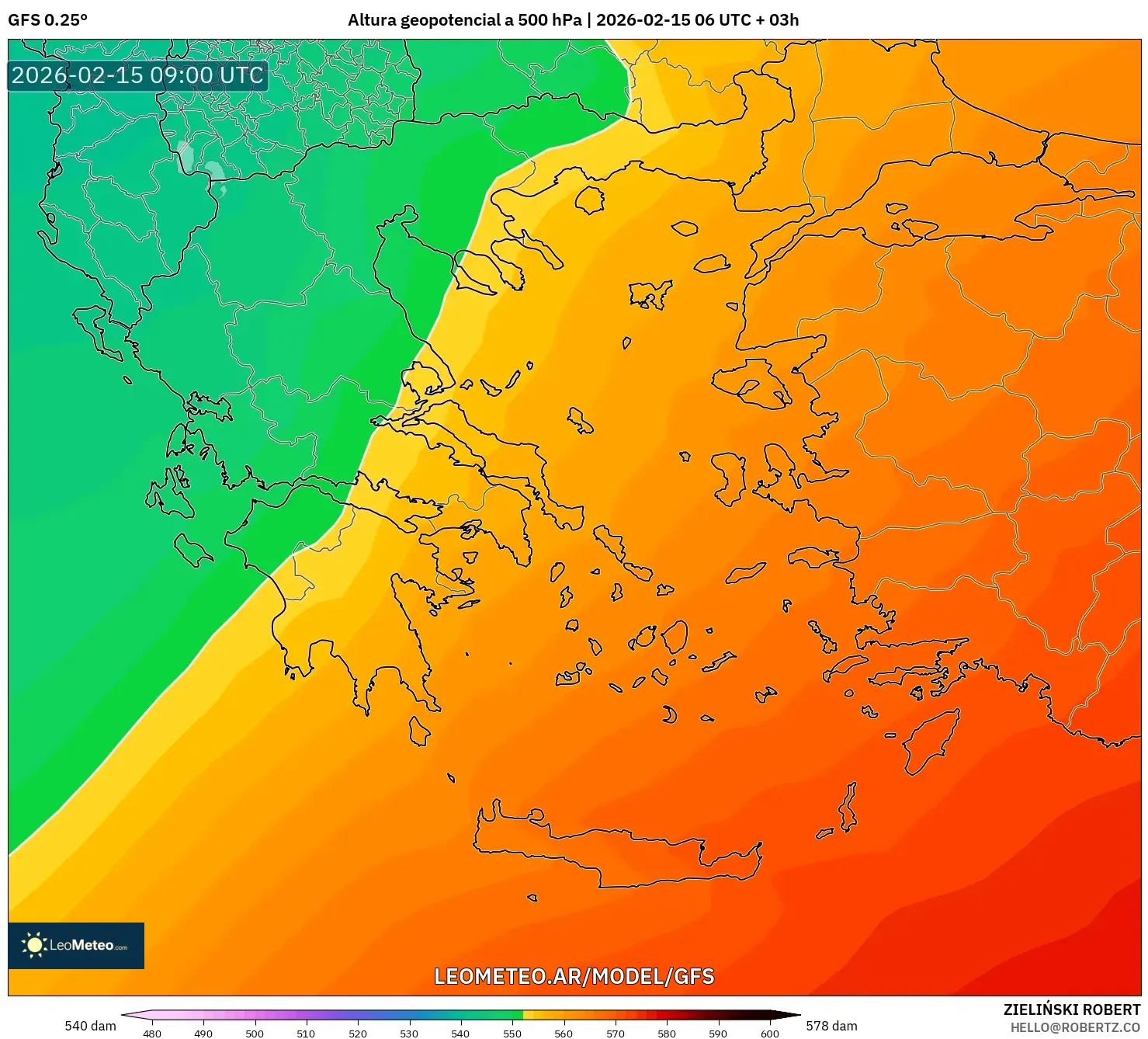 GFS model - Grecia, Altura geopotencial a 500 hPa